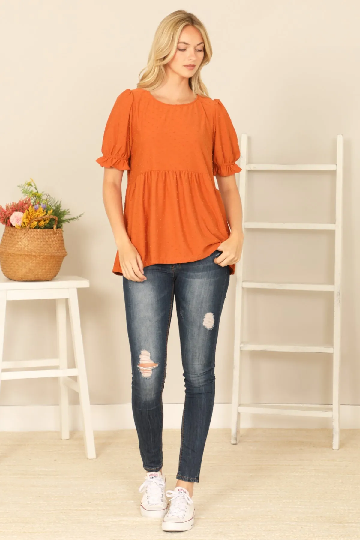 RUFFLE CUFF PUFF SHORT SLEEVE SWISS DOT PLEATED WAIST TOP