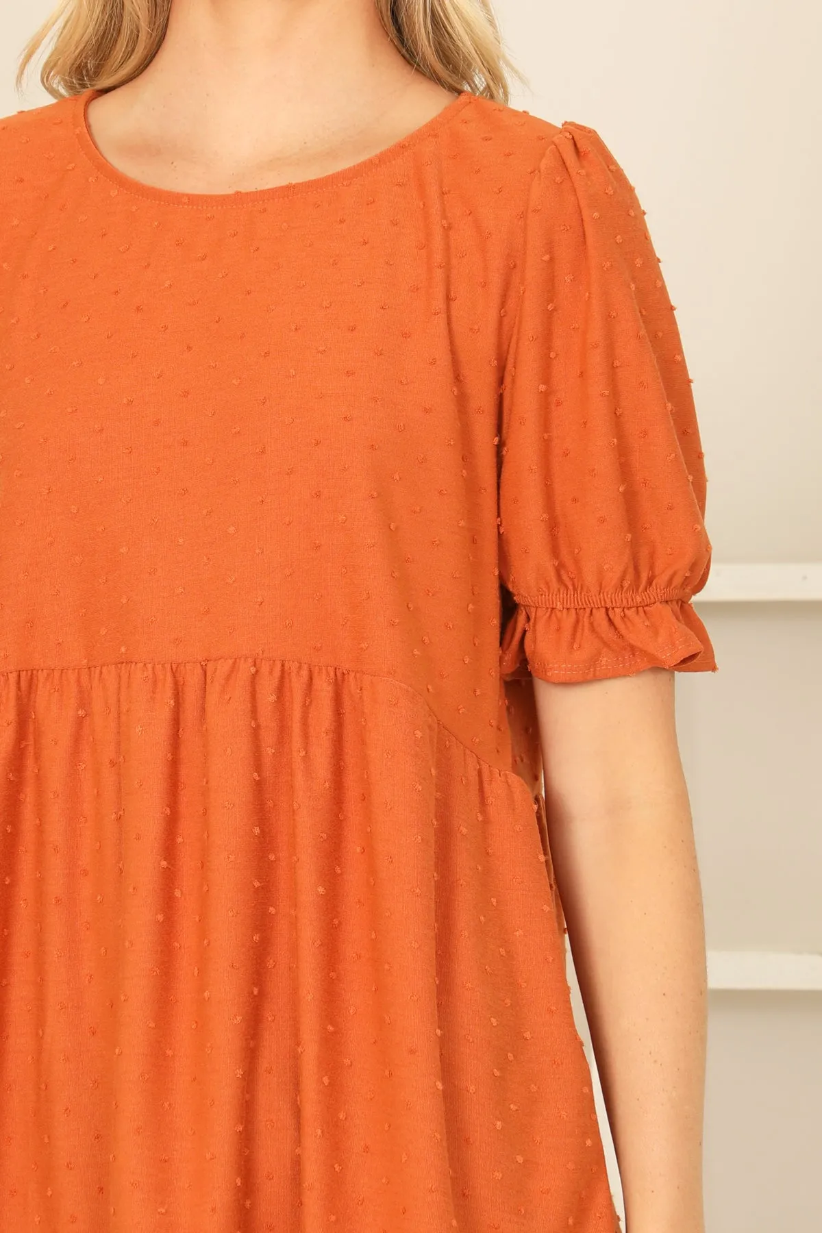RUFFLE CUFF PUFF SHORT SLEEVE SWISS DOT PLEATED WAIST TOP