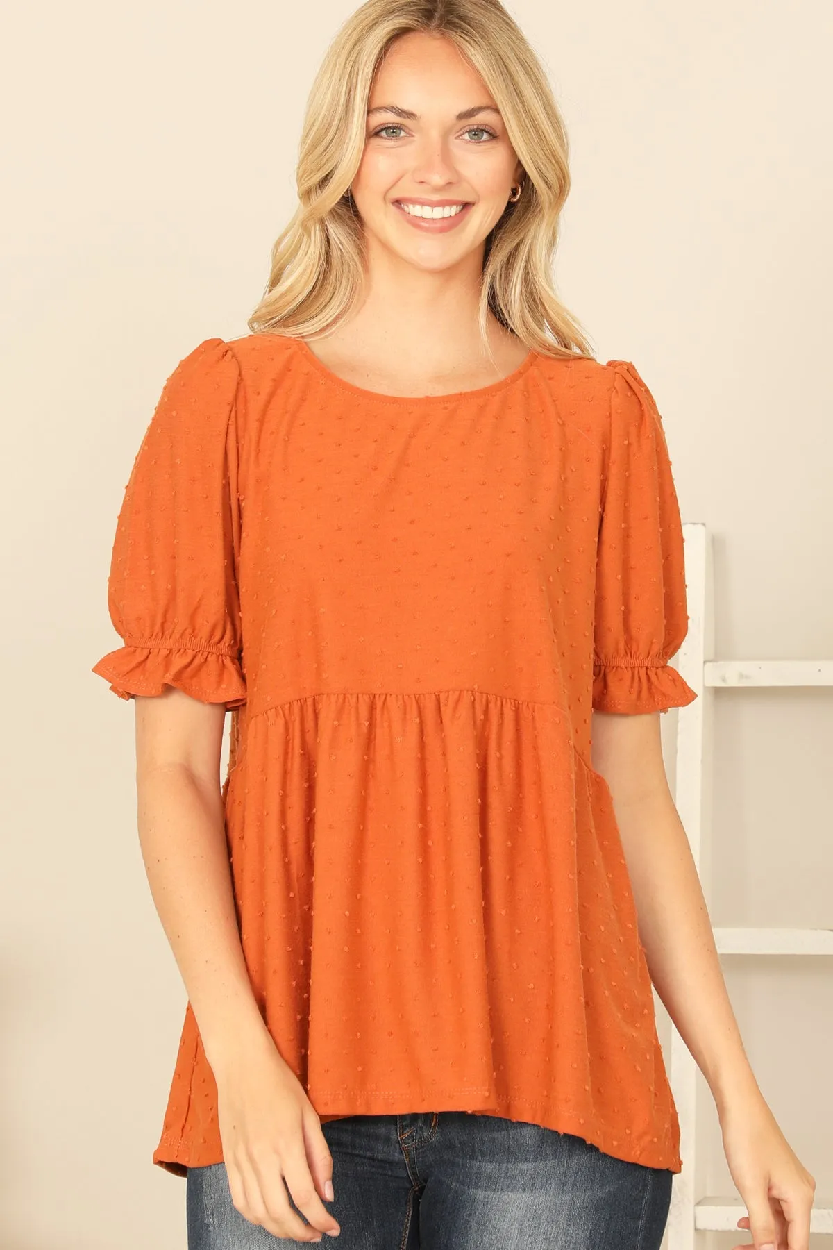 RUFFLE CUFF PUFF SHORT SLEEVE SWISS DOT PLEATED WAIST TOP