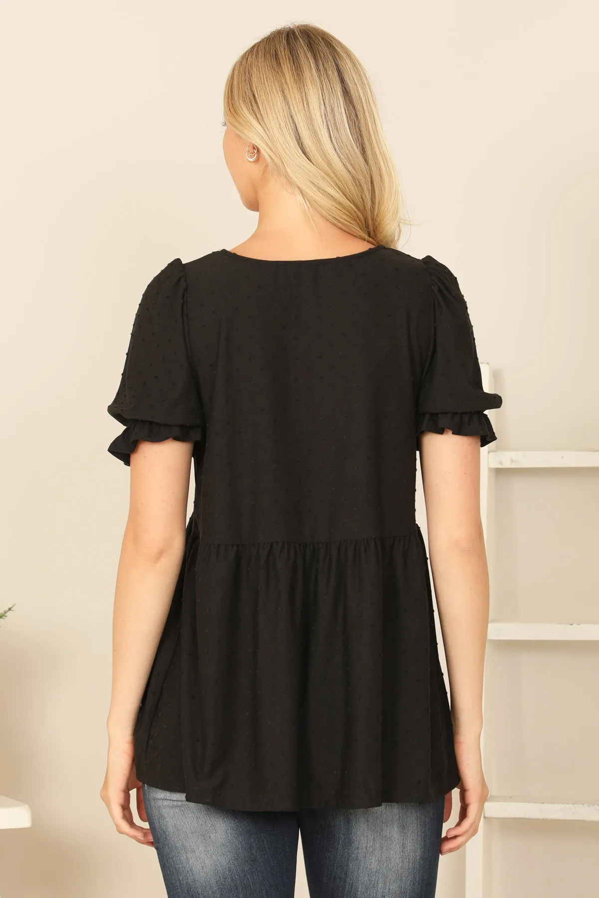 RUFFLE CUFF PUFF SHORT SLEEVE SWISS DOT PLEATED WAIST TOP