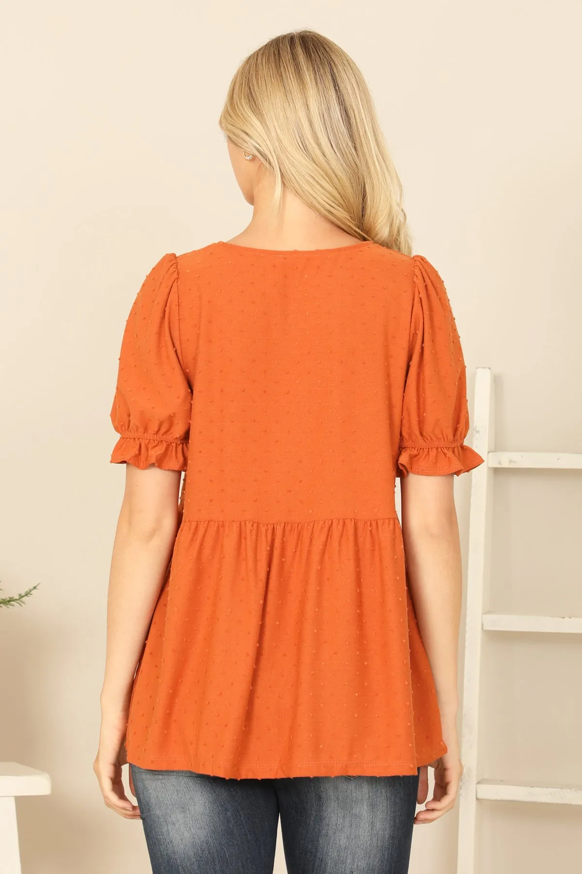 RUFFLE CUFF PUFF SHORT SLEEVE SWISS DOT PLEATED WAIST TOP