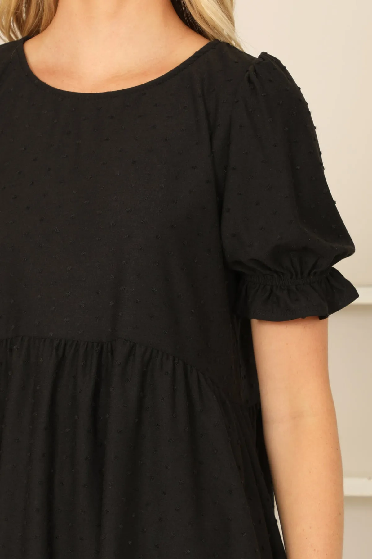 RUFFLE CUFF PUFF SHORT SLEEVE SWISS DOT PLEATED WAIST TOP