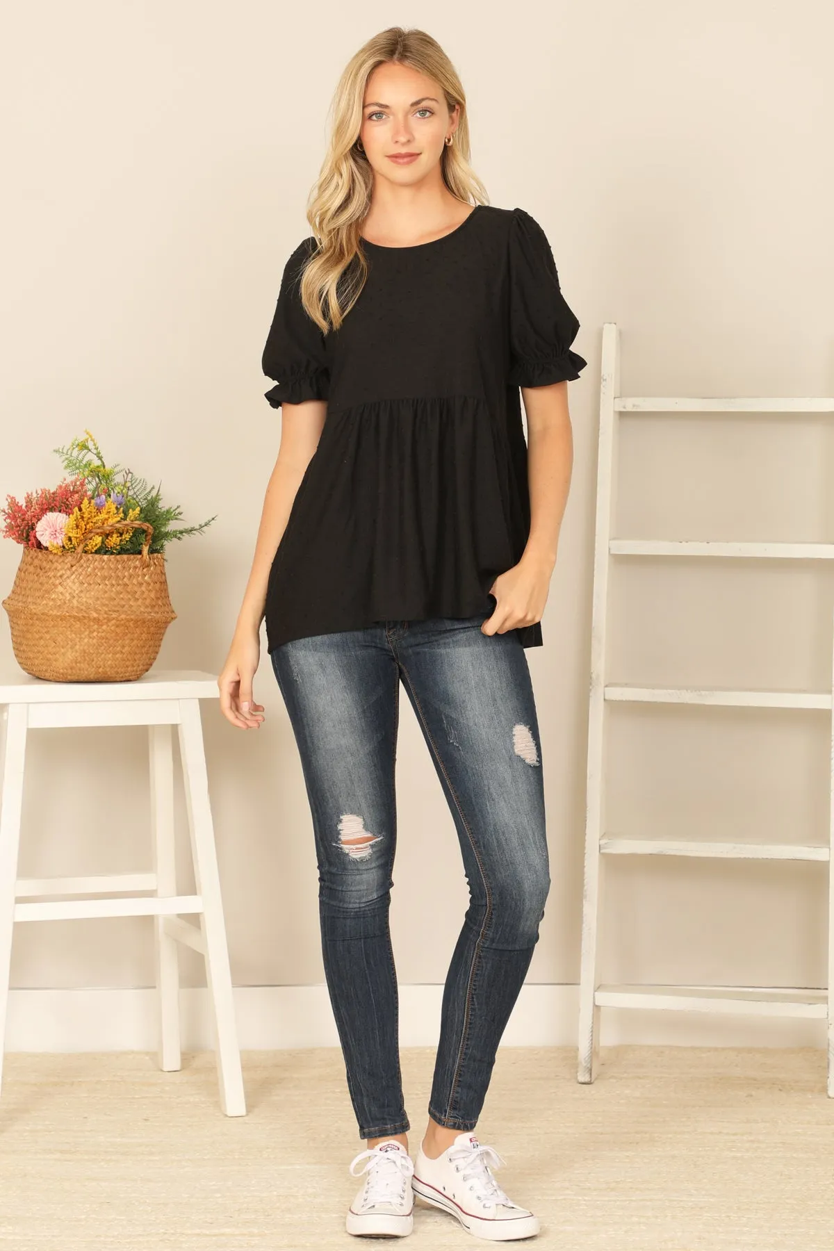 RUFFLE CUFF PUFF SHORT SLEEVE SWISS DOT PLEATED WAIST TOP