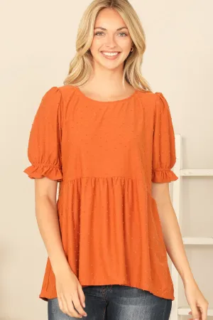 RUFFLE CUFF PUFF SHORT SLEEVE SWISS DOT PLEATED WAIST TOP