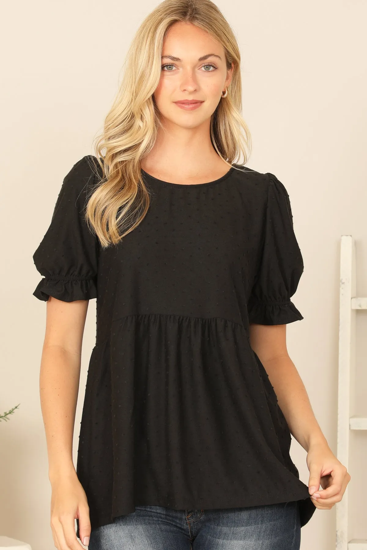 RUFFLE CUFF PUFF SHORT SLEEVE SWISS DOT PLEATED WAIST TOP