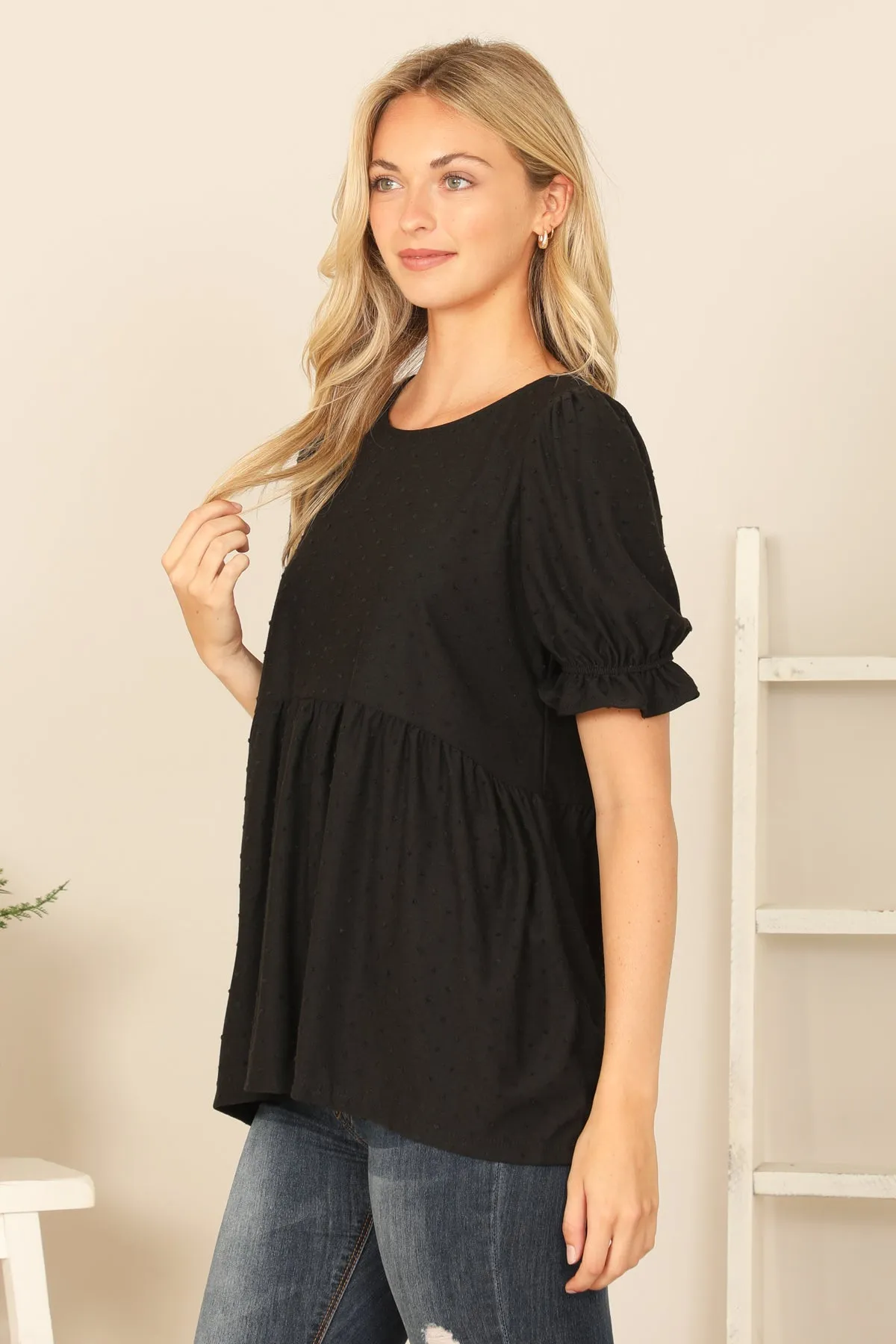 RUFFLE CUFF PUFF SHORT SLEEVE SWISS DOT PLEATED WAIST TOP