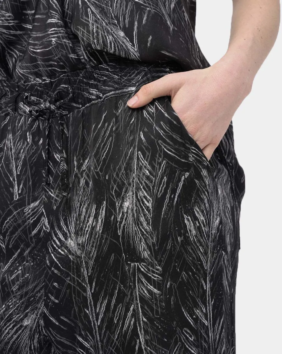 Ruffle Leaf Print Drawstring Elastic Pant
