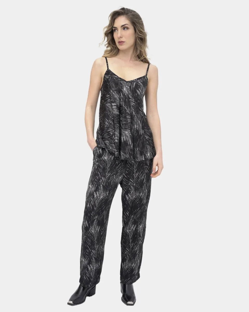 Ruffle Leaf Print Drawstring Elastic Pant