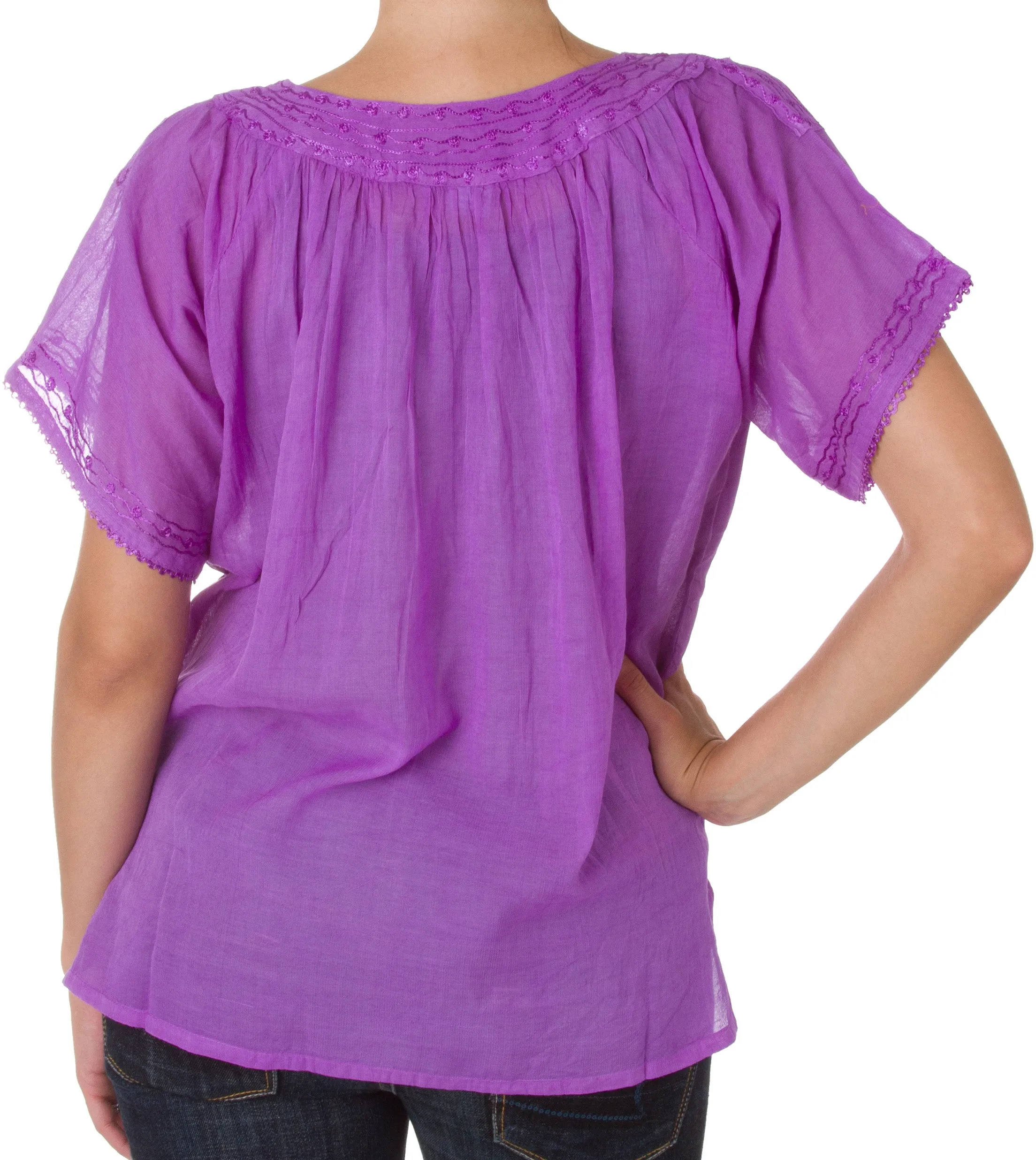 Sakkas Embroidered 100% Cotton Semi-Sheer Short Sleeve Gauzy Top / Blouse