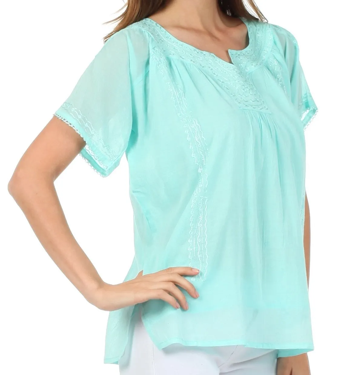 Sakkas Embroidered 100% Cotton Semi-Sheer Short Sleeve Gauzy Top / Blouse