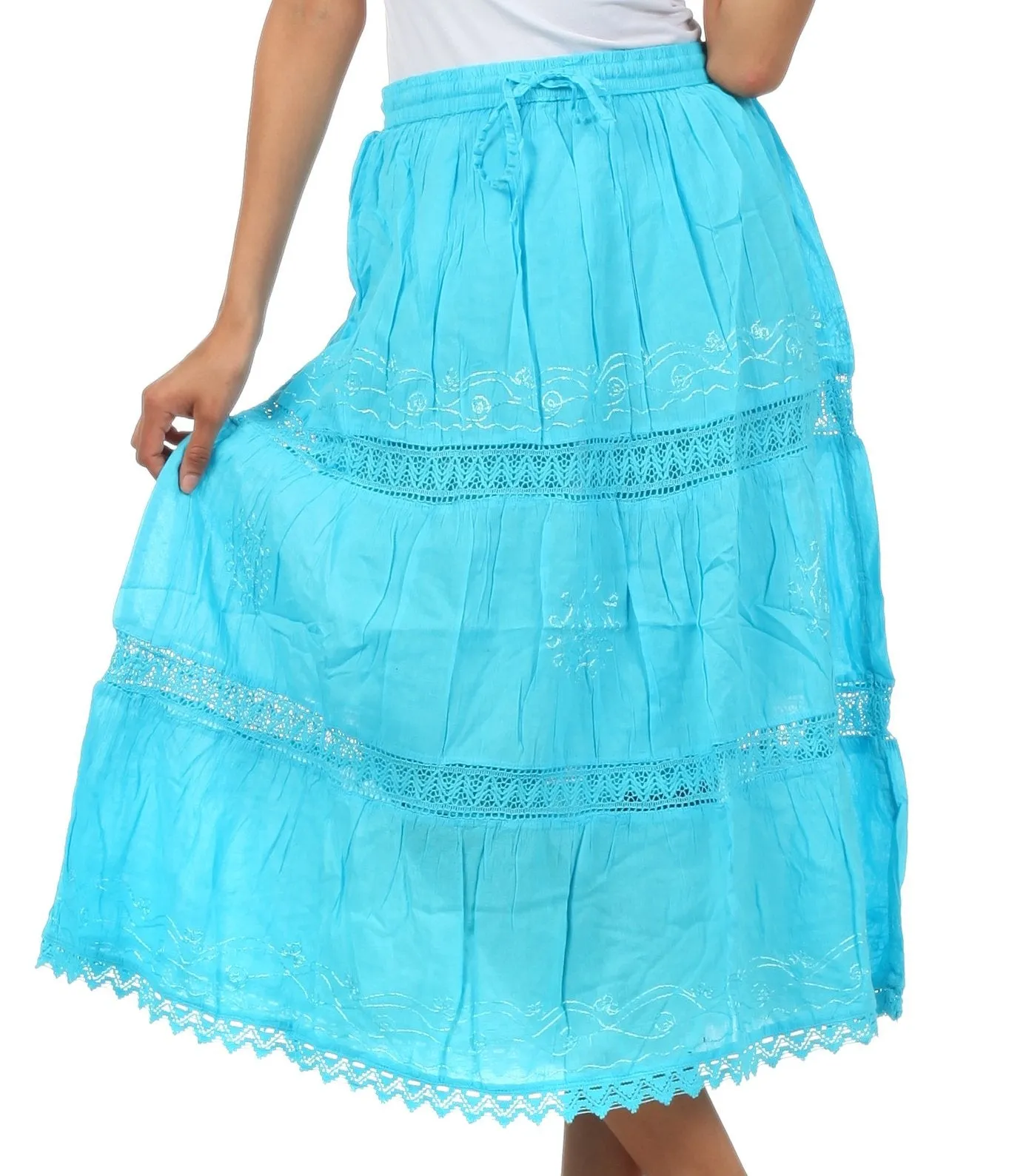 Sakkas Solid Embroidered Gypsy Bohemian Mid Length Cotton Skirt