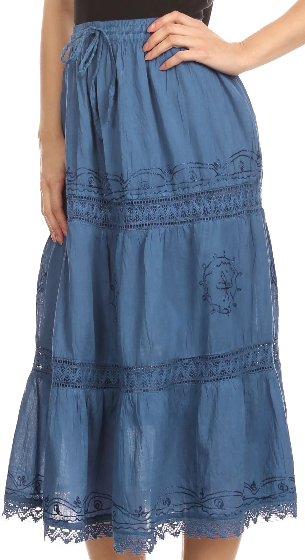 Sakkas Solid Embroidered Gypsy Bohemian Mid Length Cotton Skirt