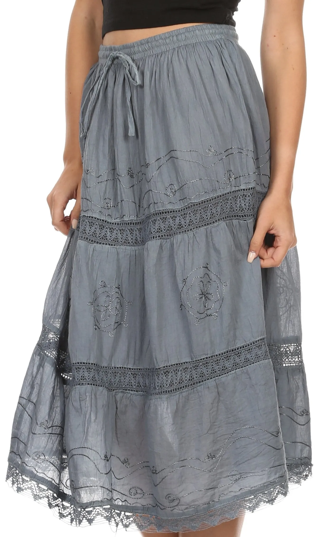 Sakkas Solid Embroidered Gypsy Bohemian Mid Length Cotton Skirt