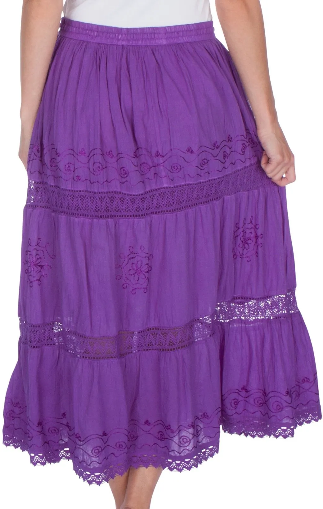 Sakkas Solid Embroidered Gypsy Bohemian Mid Length Cotton Skirt