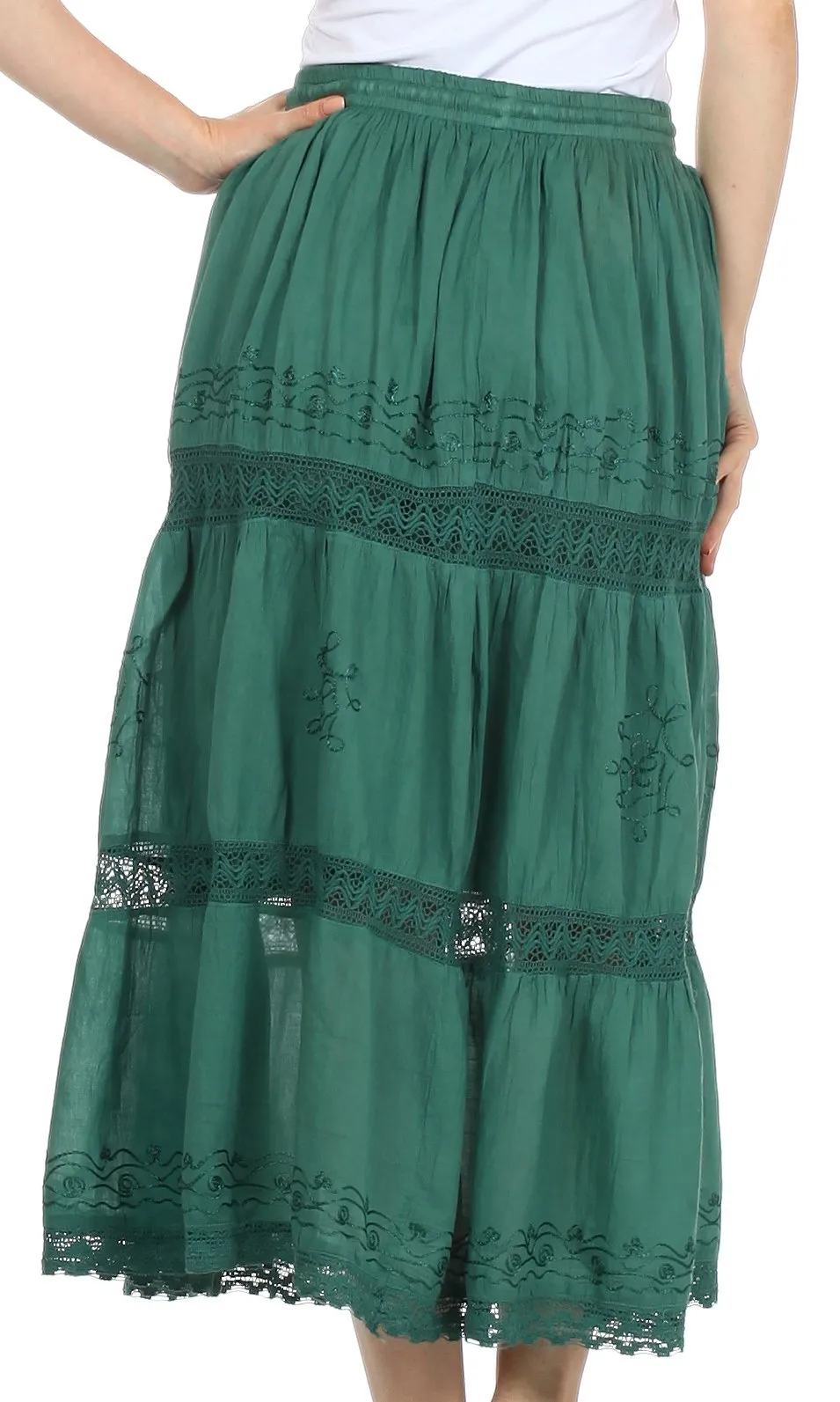 Sakkas Solid Embroidered Gypsy Bohemian Mid Length Cotton Skirt