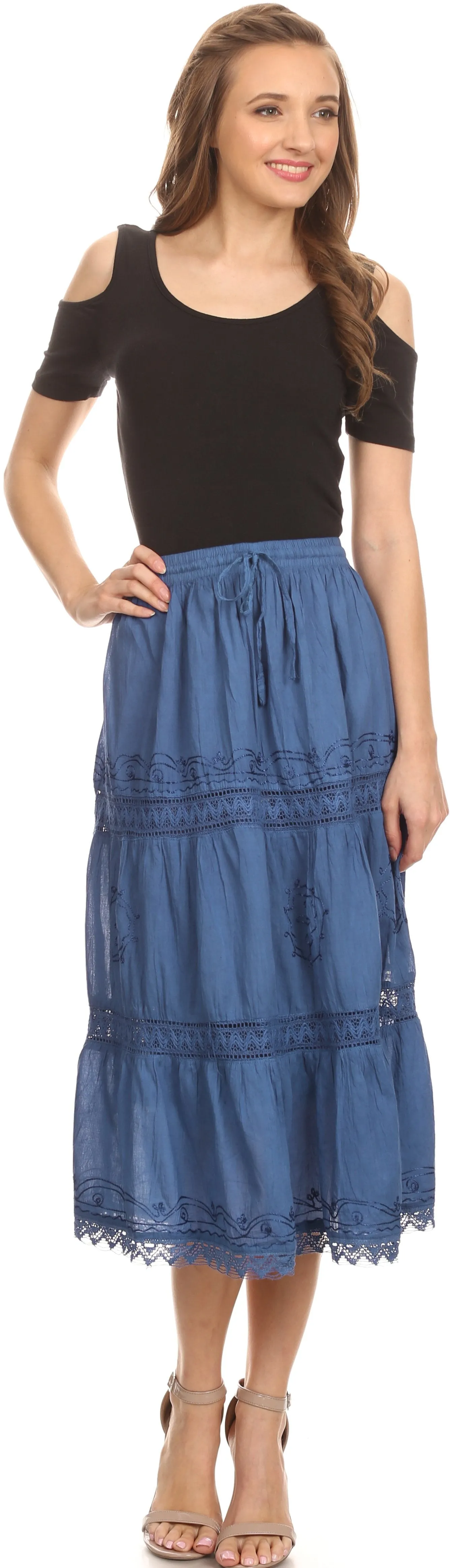Sakkas Solid Embroidered Gypsy Bohemian Mid Length Cotton Skirt