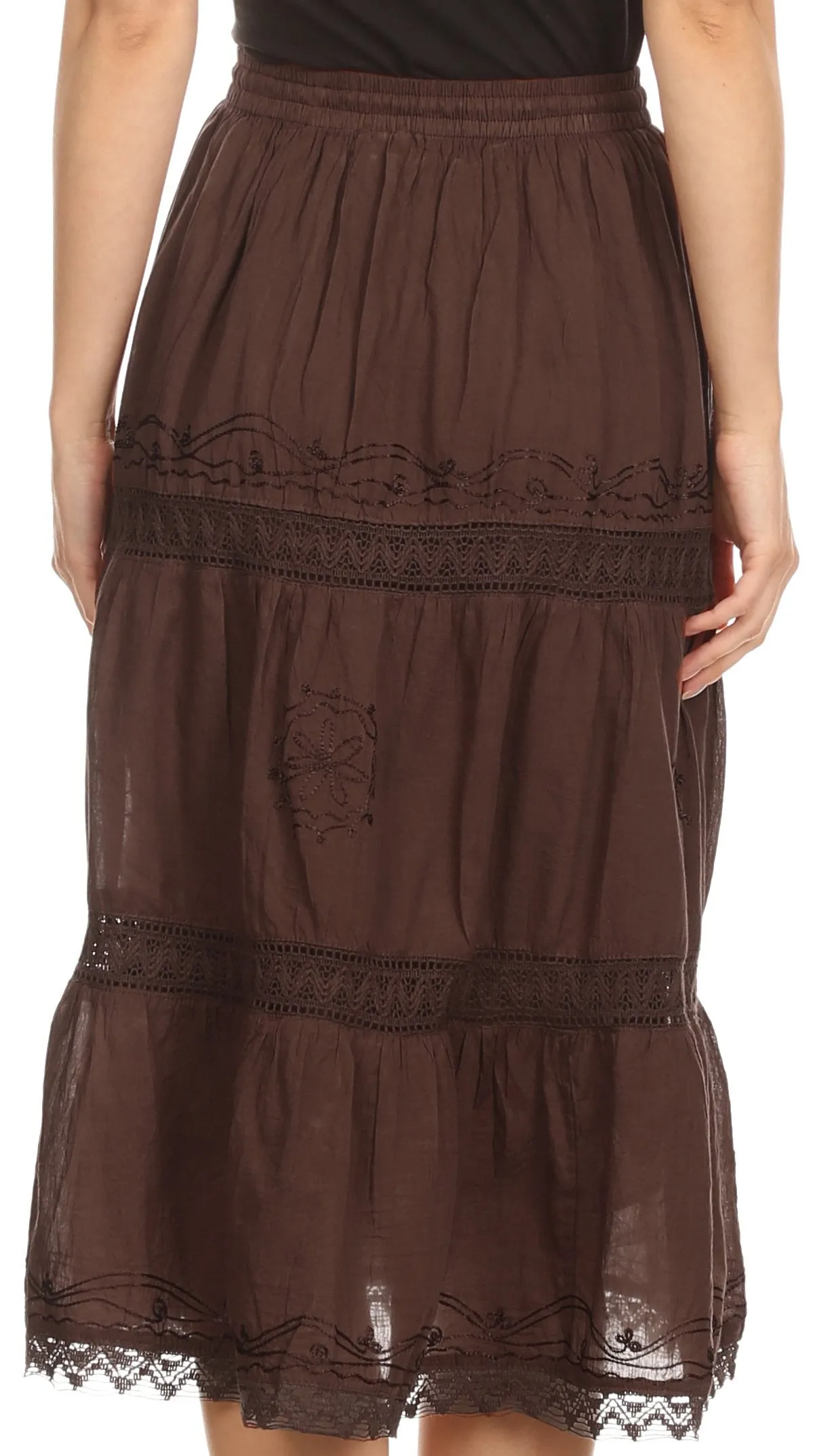 Sakkas Solid Embroidered Gypsy Bohemian Mid Length Cotton Skirt