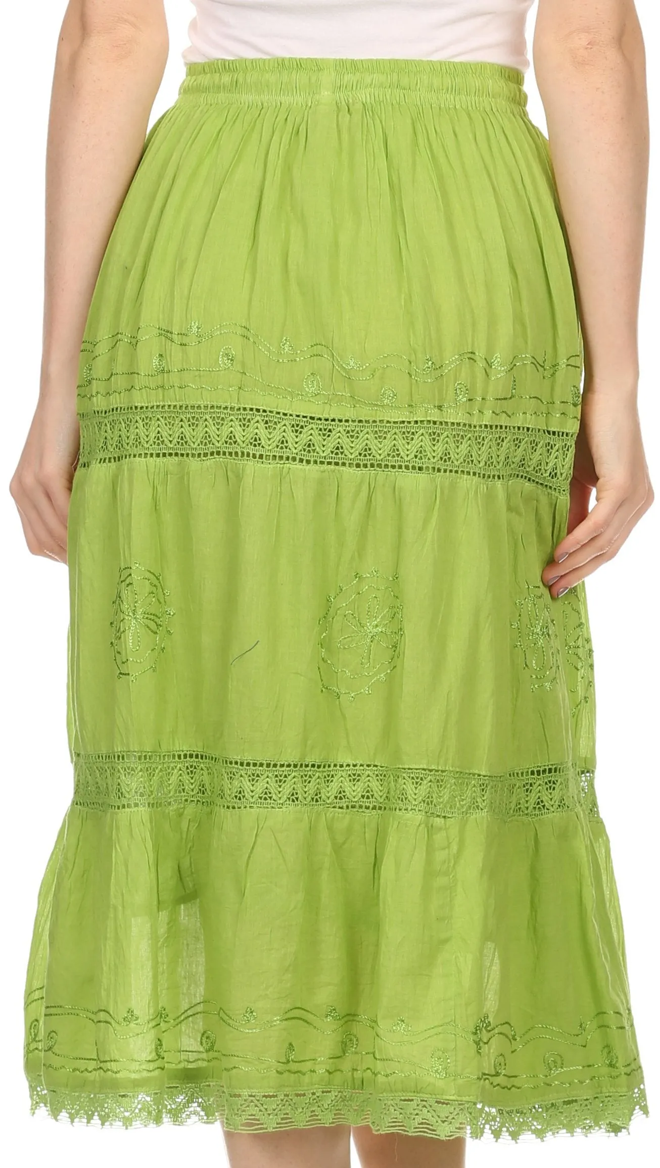 Sakkas Solid Embroidered Gypsy Bohemian Mid Length Cotton Skirt