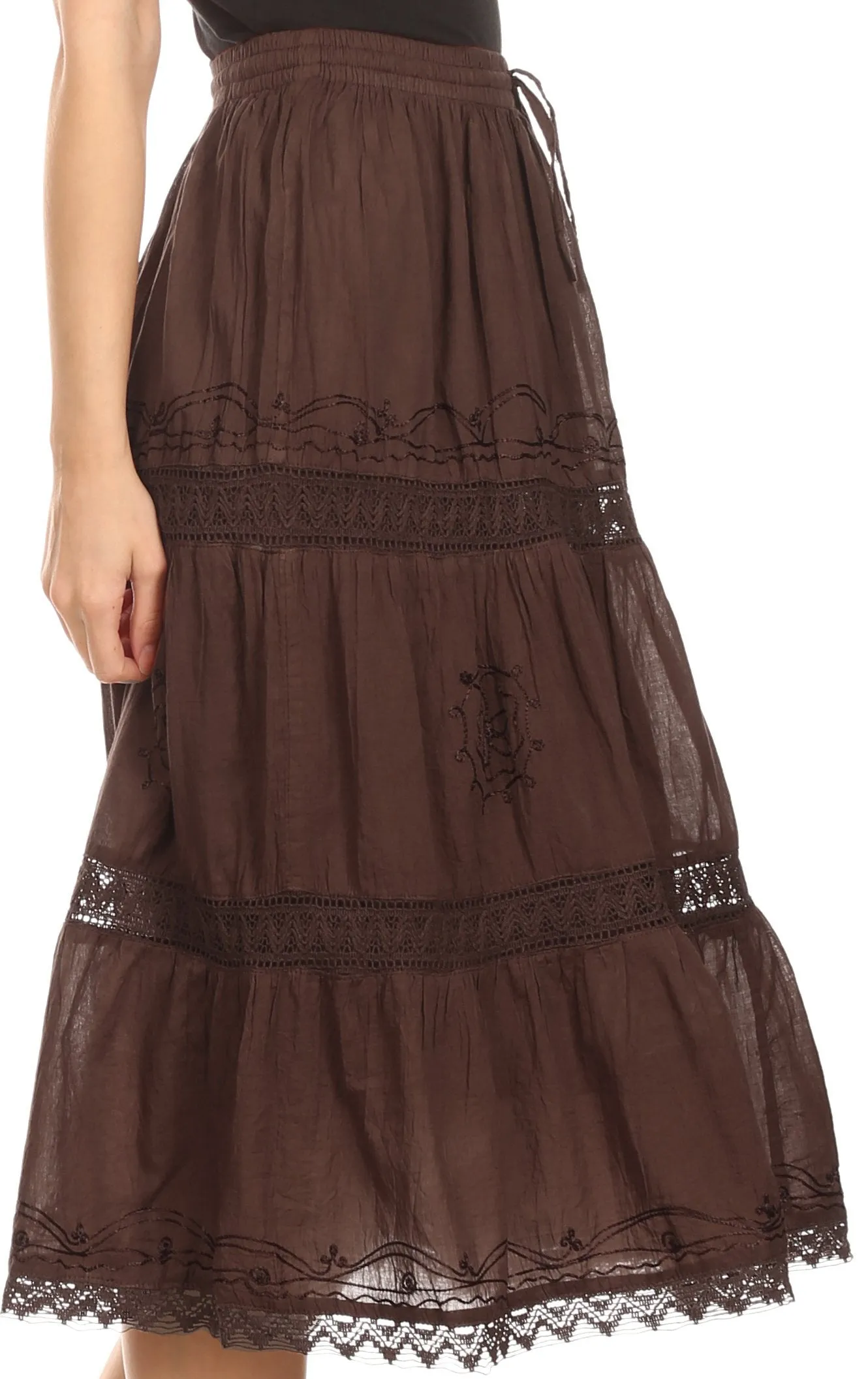 Sakkas Solid Embroidered Gypsy Bohemian Mid Length Cotton Skirt