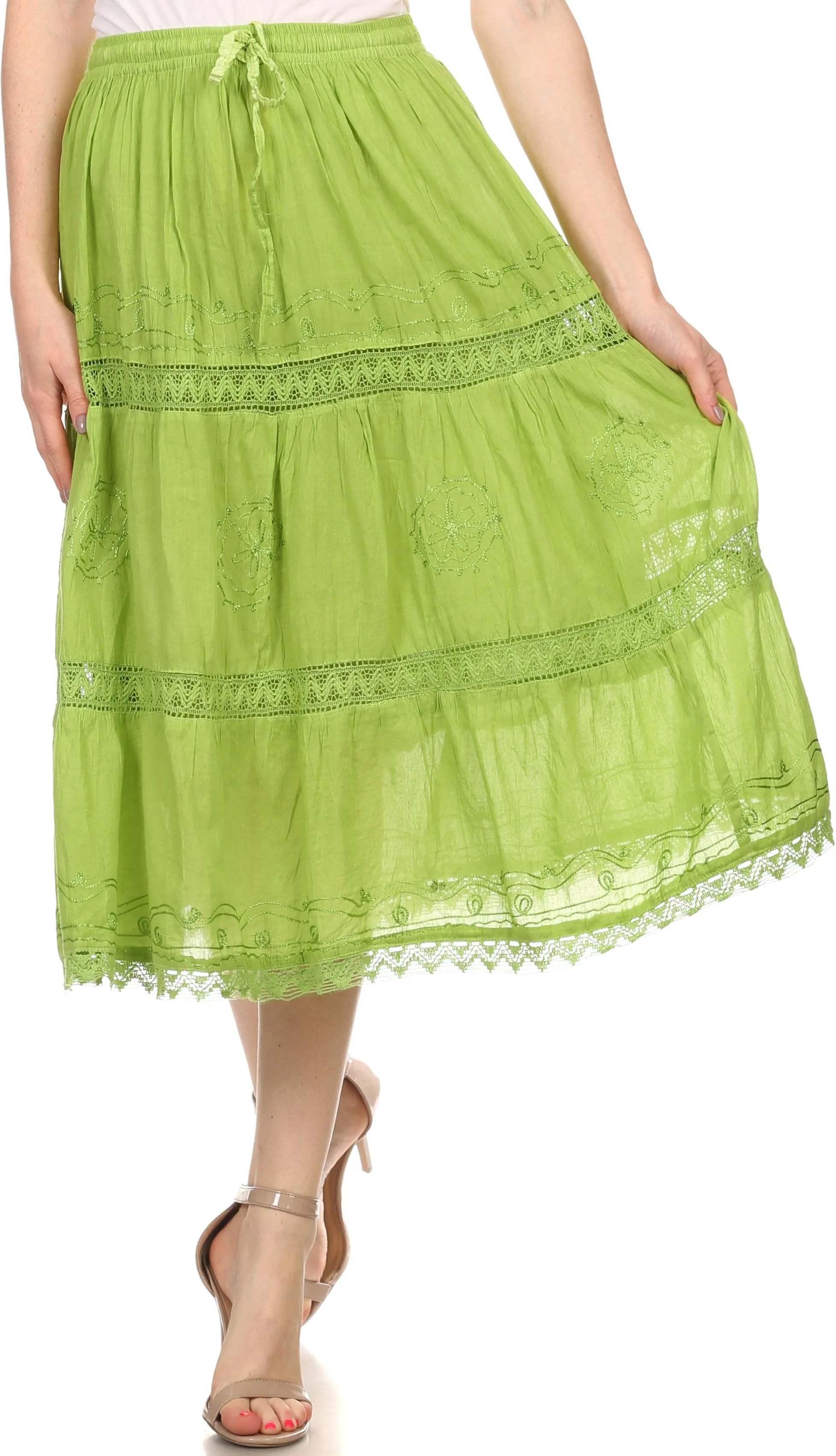 Sakkas Solid Embroidered Gypsy Bohemian Mid Length Cotton Skirt