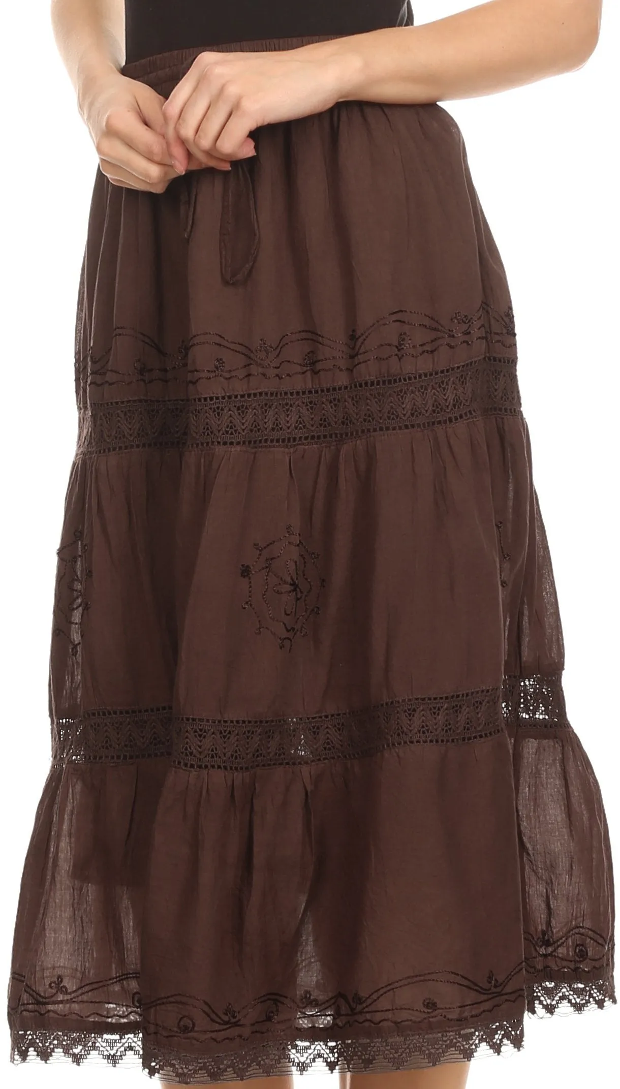 Sakkas Solid Embroidered Gypsy Bohemian Mid Length Cotton Skirt