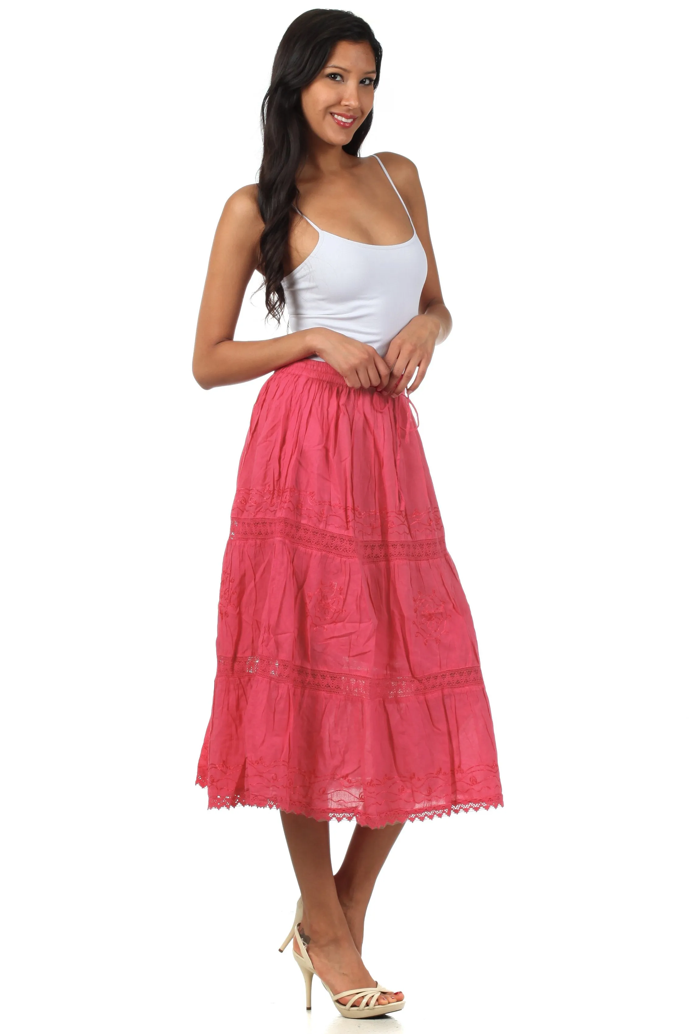 Sakkas Solid Embroidered Gypsy Bohemian Mid Length Cotton Skirt