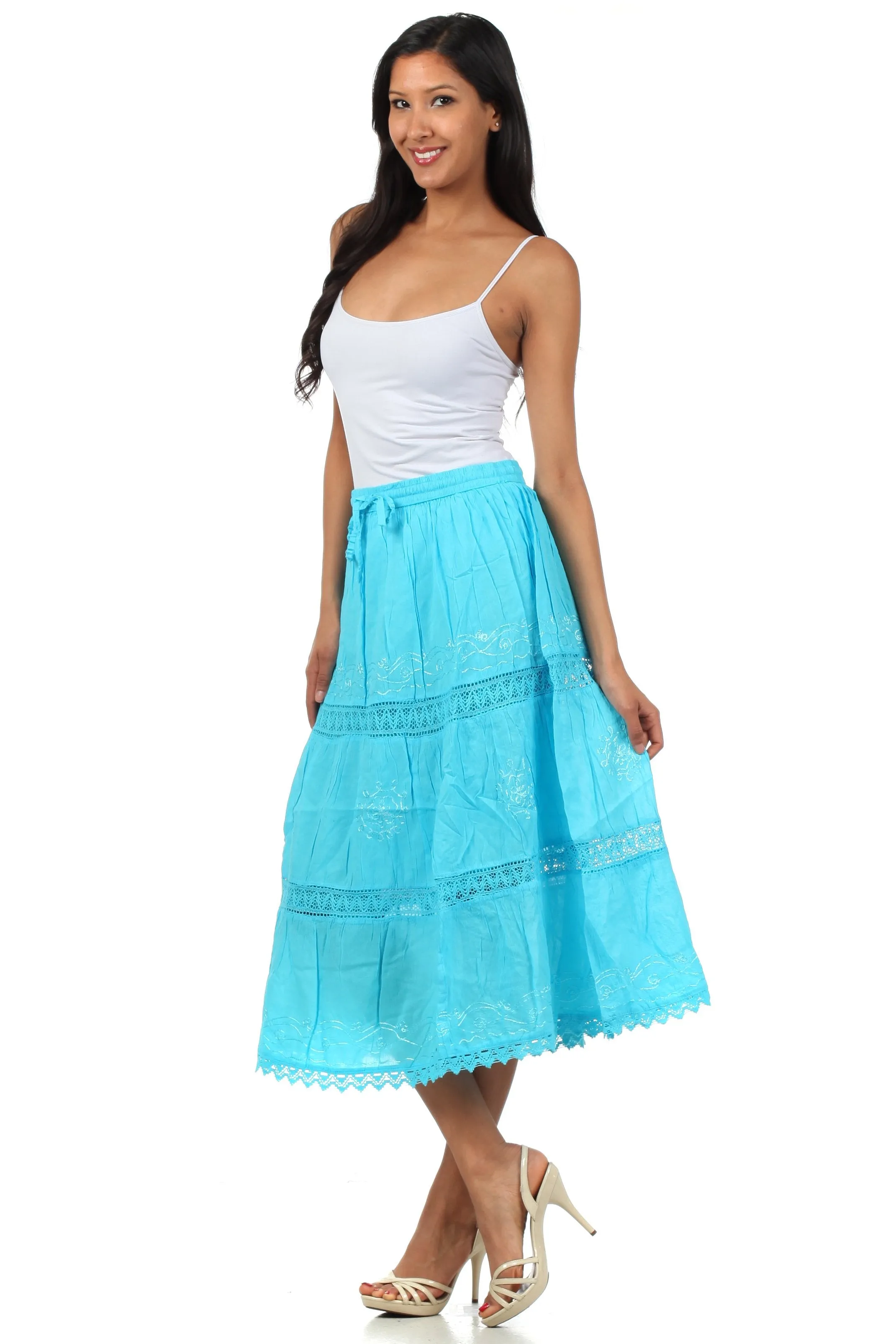 Sakkas Solid Embroidered Gypsy Bohemian Mid Length Cotton Skirt