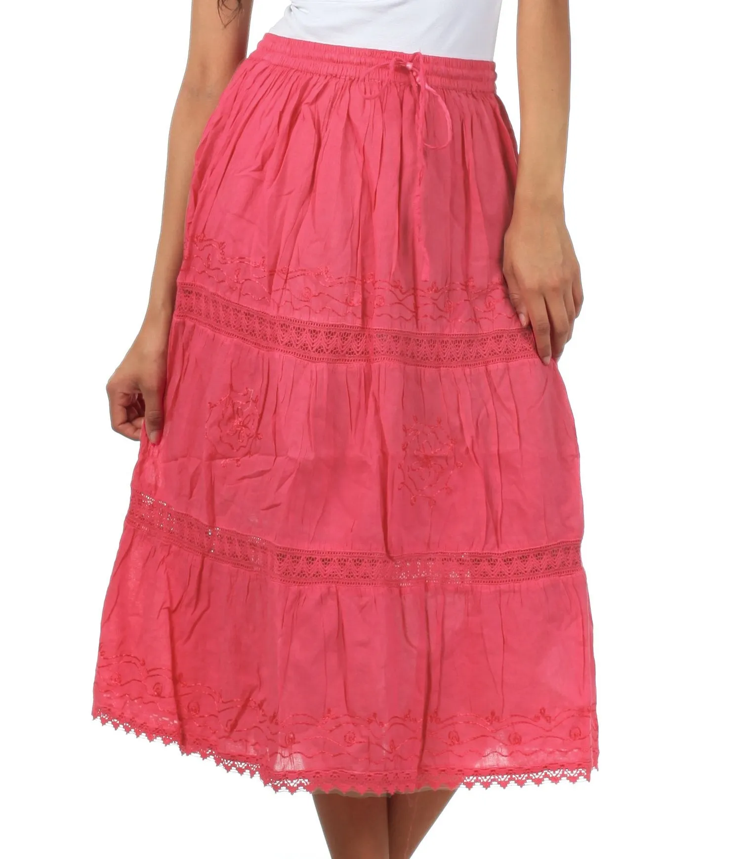 Sakkas Solid Embroidered Gypsy Bohemian Mid Length Cotton Skirt