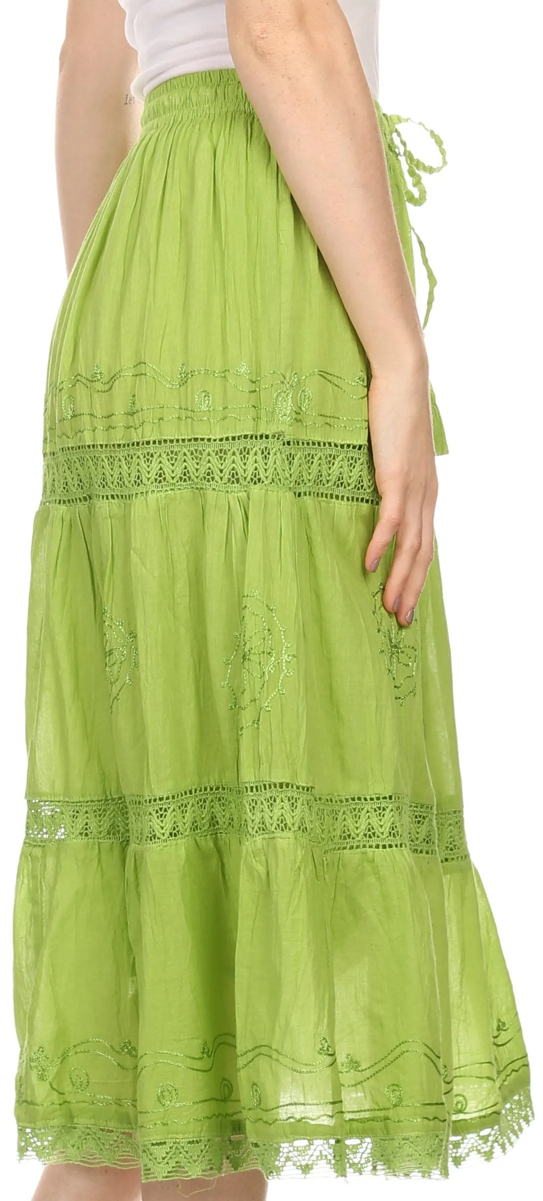 Sakkas Solid Embroidered Gypsy Bohemian Mid Length Cotton Skirt