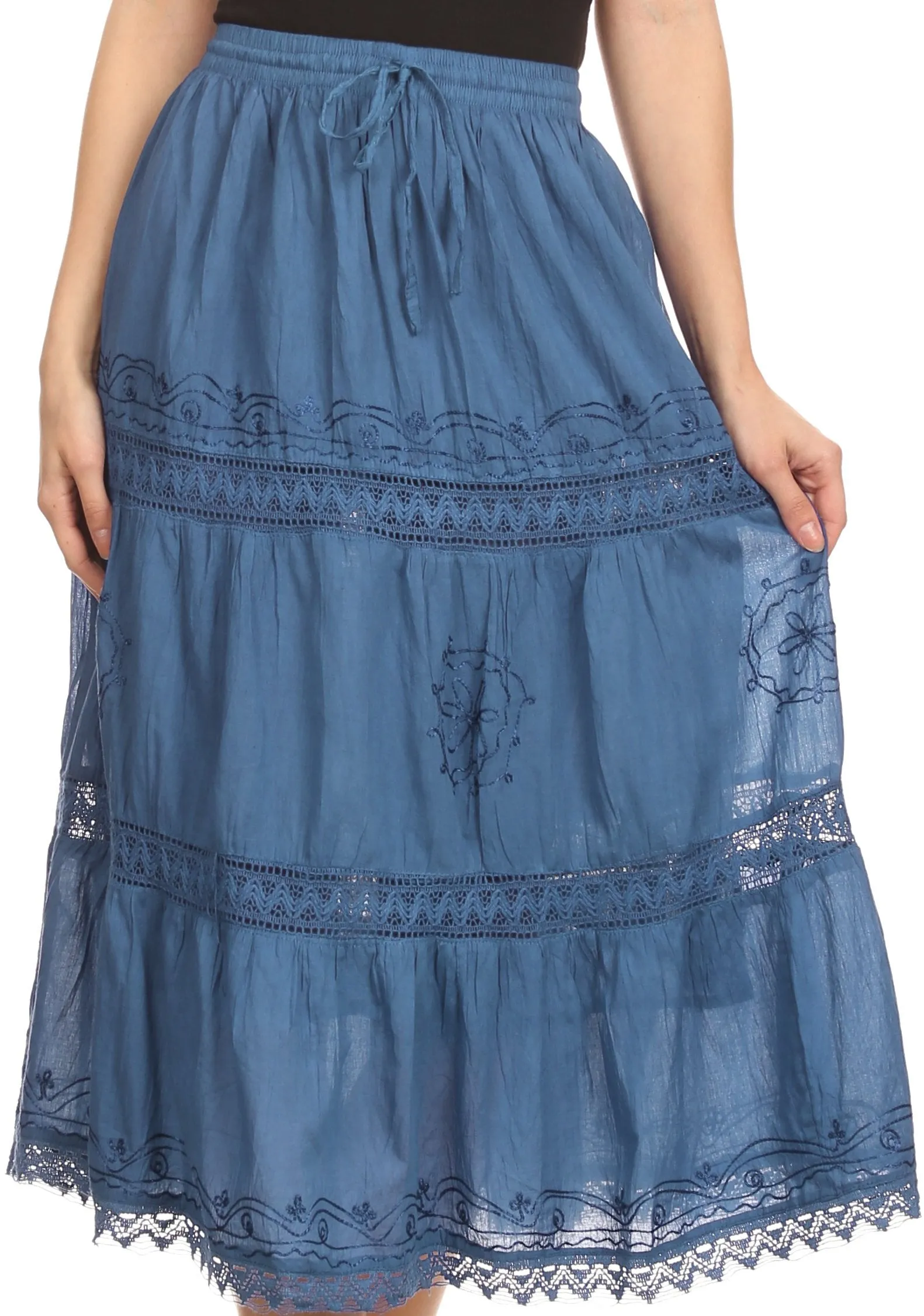 Sakkas Solid Embroidered Gypsy Bohemian Mid Length Cotton Skirt