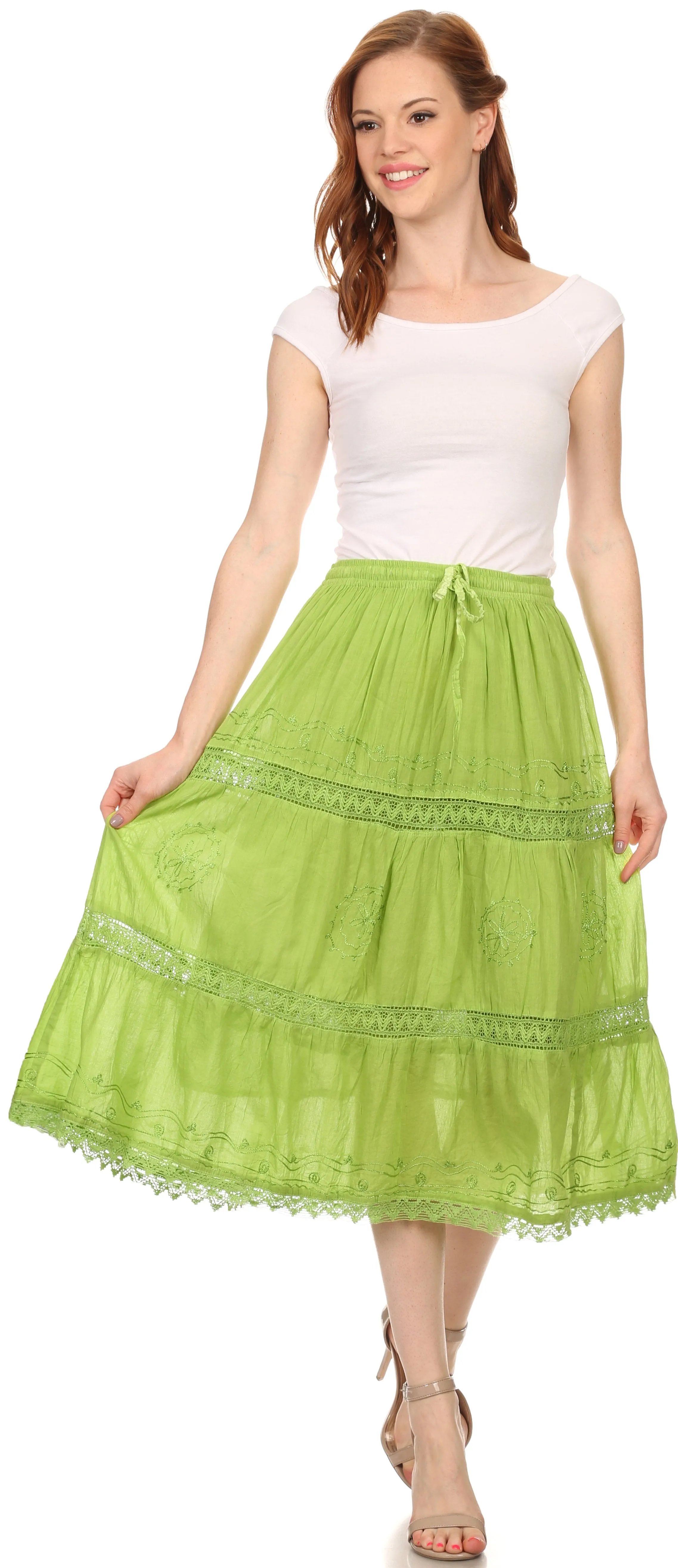 Sakkas Solid Embroidered Gypsy Bohemian Mid Length Cotton Skirt