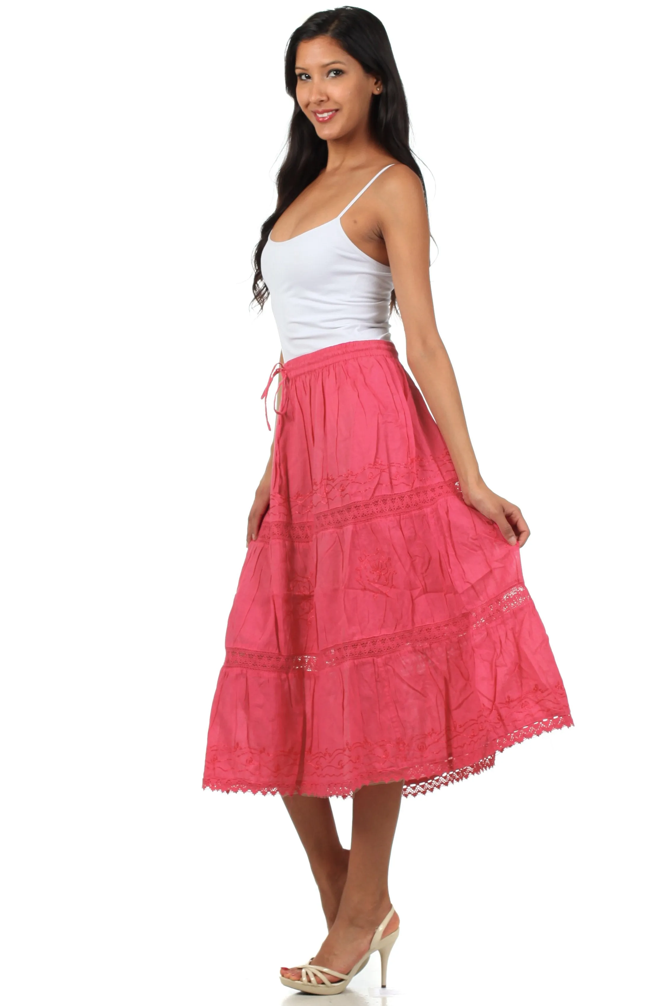 Sakkas Solid Embroidered Gypsy Bohemian Mid Length Cotton Skirt