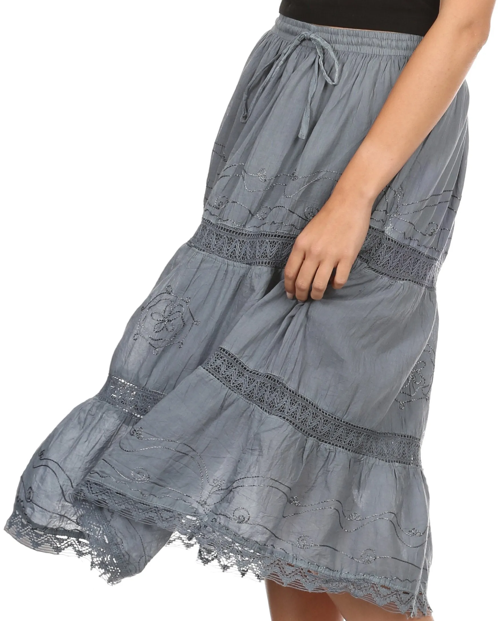 Sakkas Solid Embroidered Gypsy Bohemian Mid Length Cotton Skirt