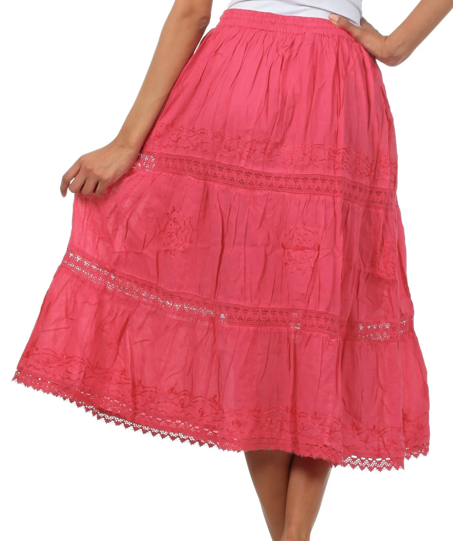 Sakkas Solid Embroidered Gypsy Bohemian Mid Length Cotton Skirt