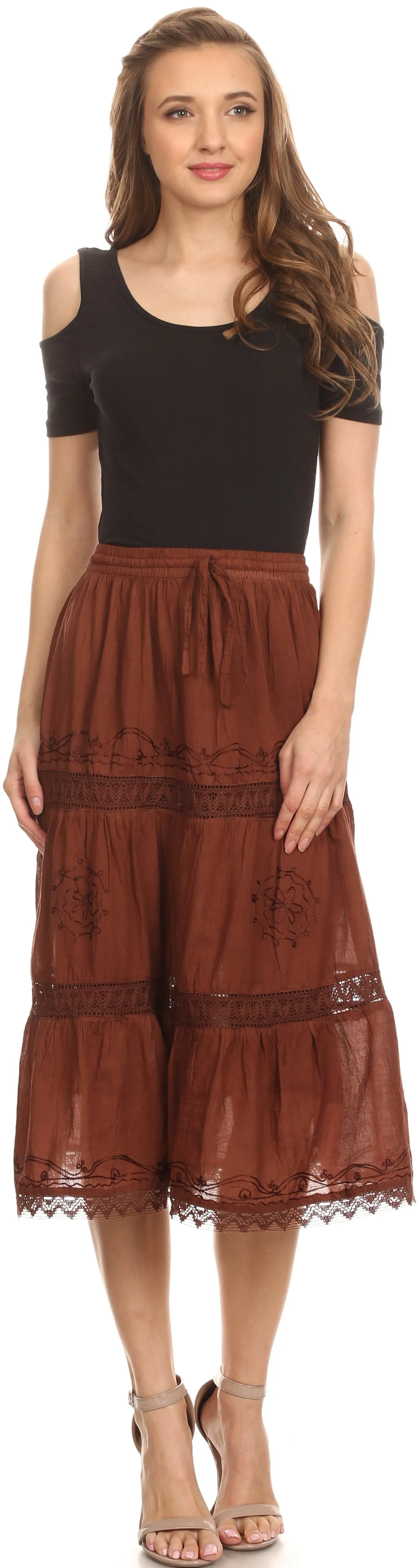 Sakkas Solid Embroidered Gypsy Bohemian Mid Length Cotton Skirt