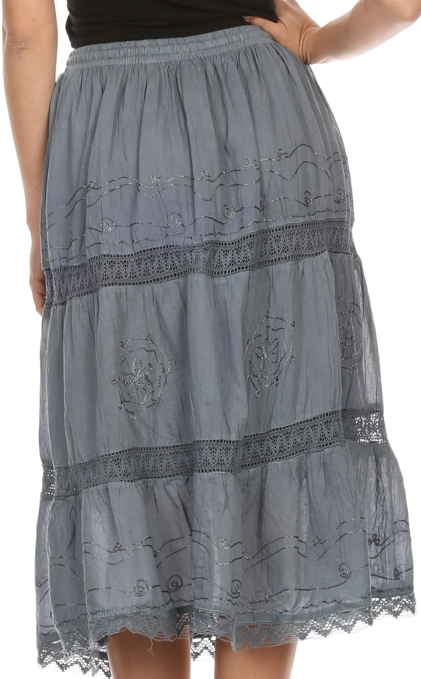 Sakkas Solid Embroidered Gypsy Bohemian Mid Length Cotton Skirt