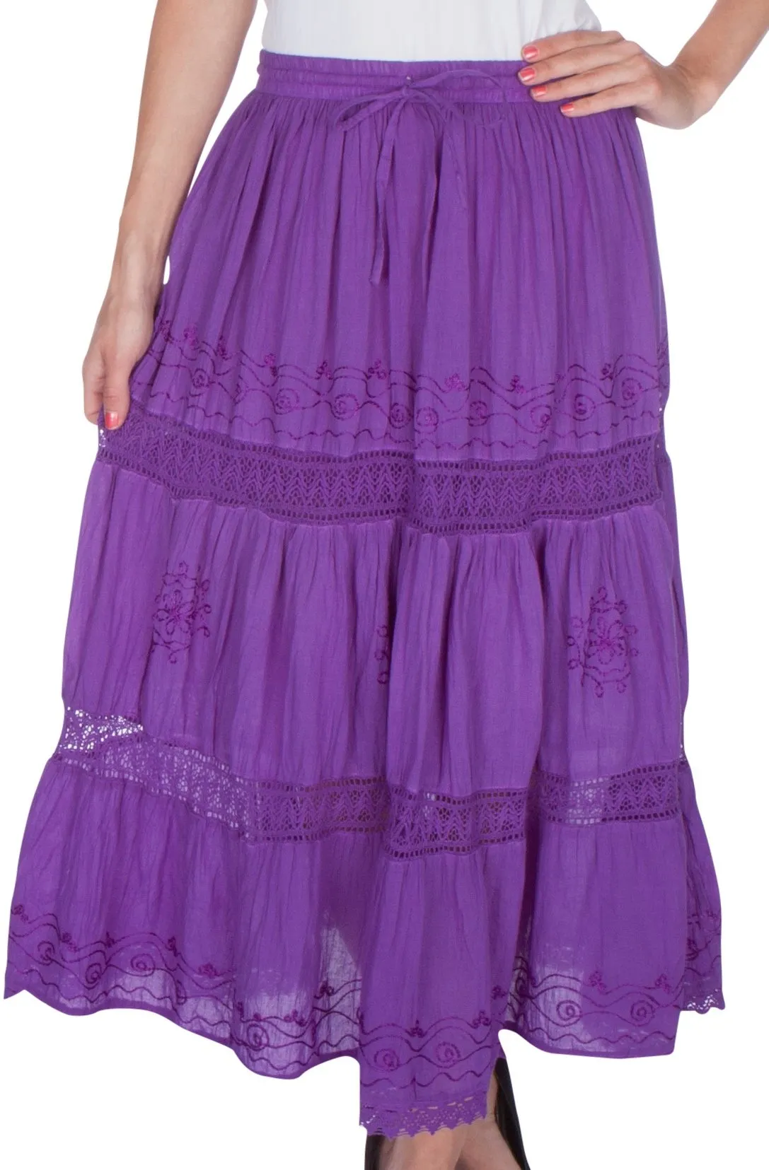 Sakkas Solid Embroidered Gypsy Bohemian Mid Length Cotton Skirt