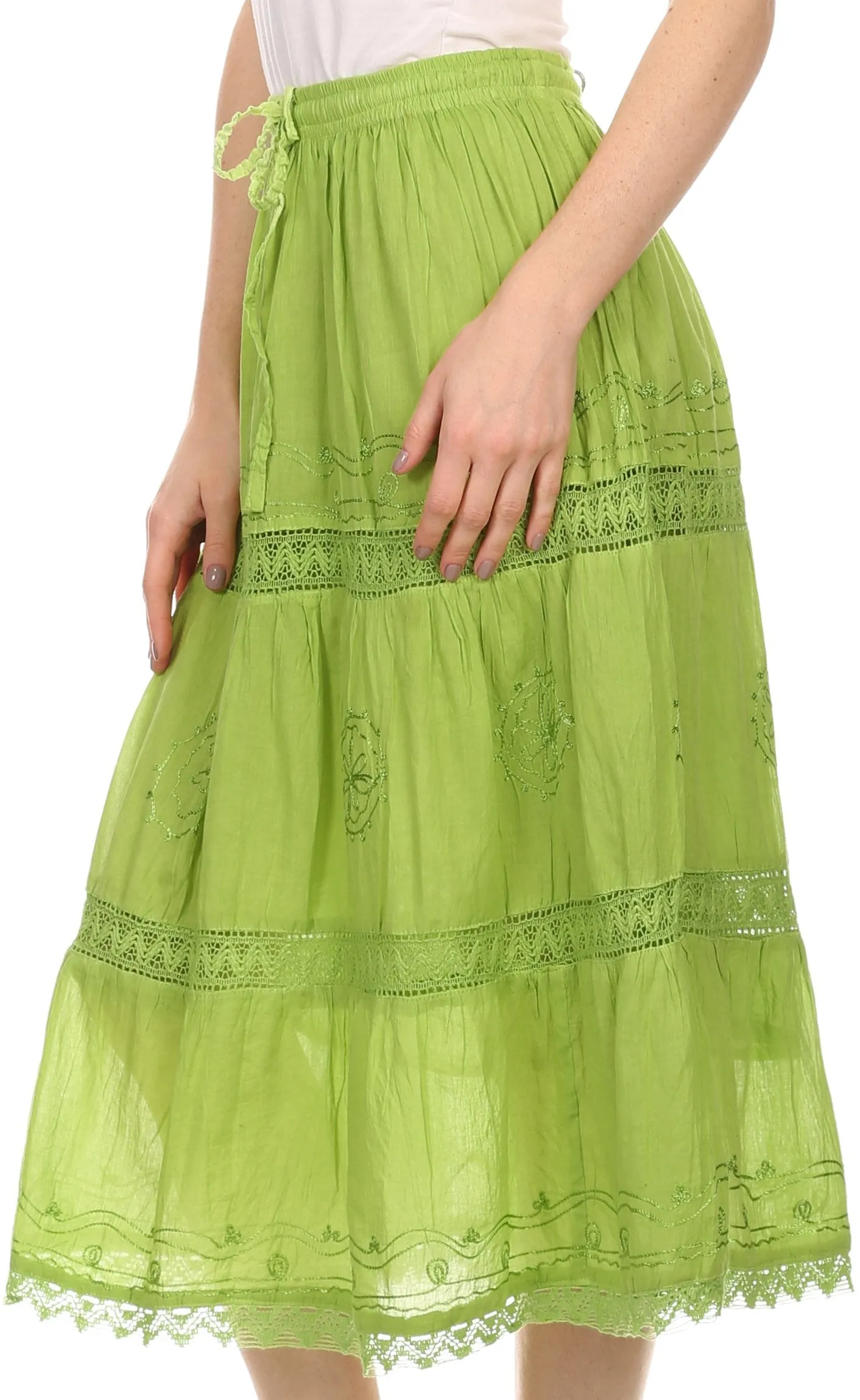 Sakkas Solid Embroidered Gypsy Bohemian Mid Length Cotton Skirt