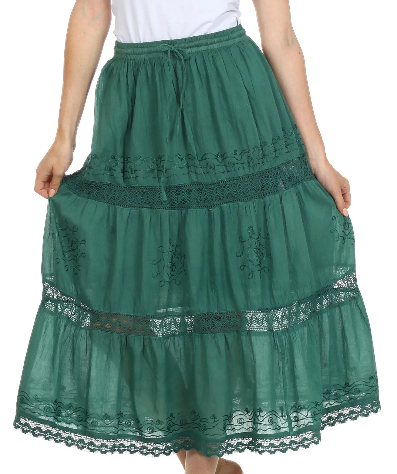 Sakkas Solid Embroidered Gypsy Bohemian Mid Length Cotton Skirt
