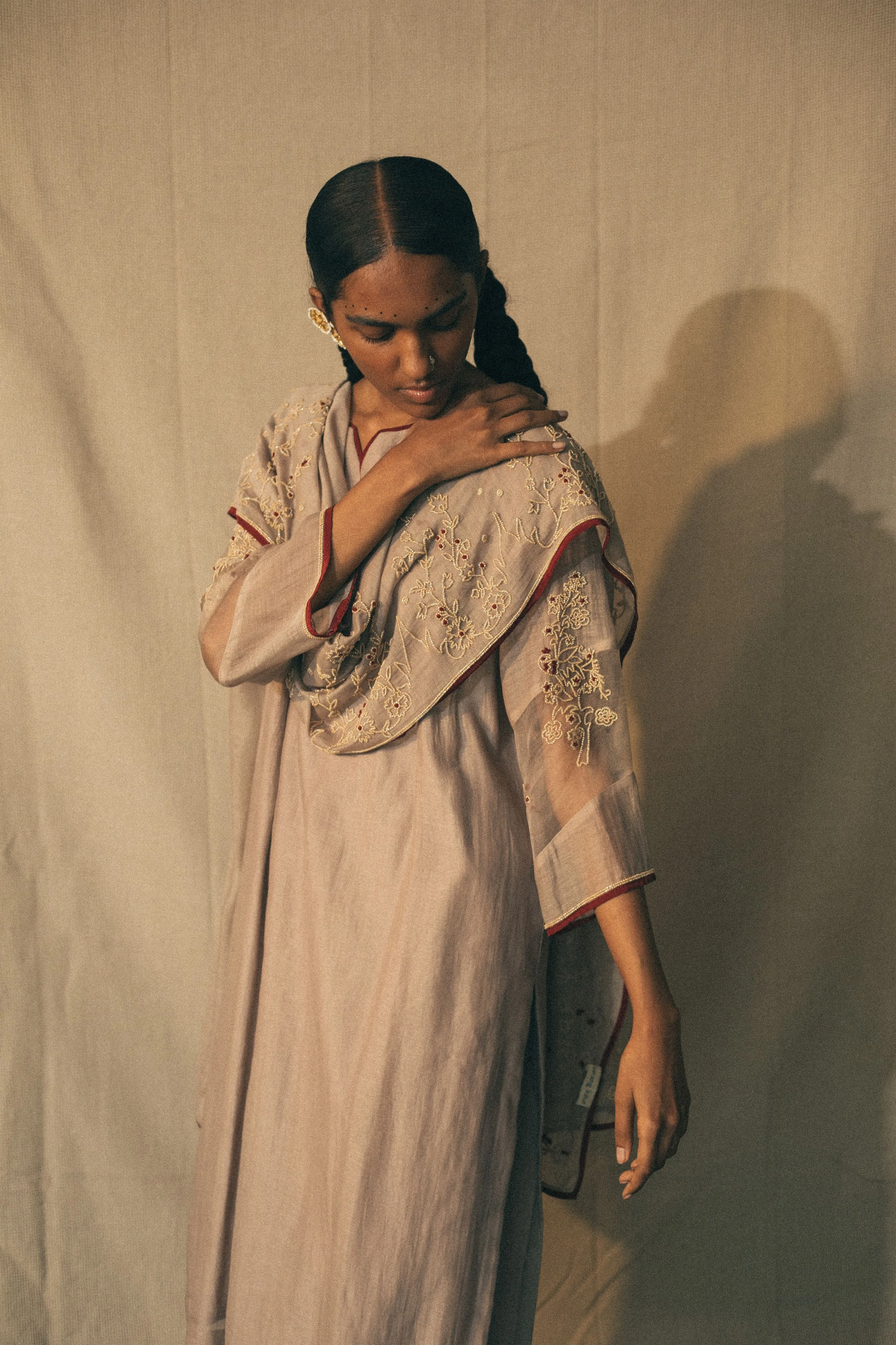Sarang Kaur Bellwoods Pearls of Beige Dupatta Chanderi silk Ektaar SK01309