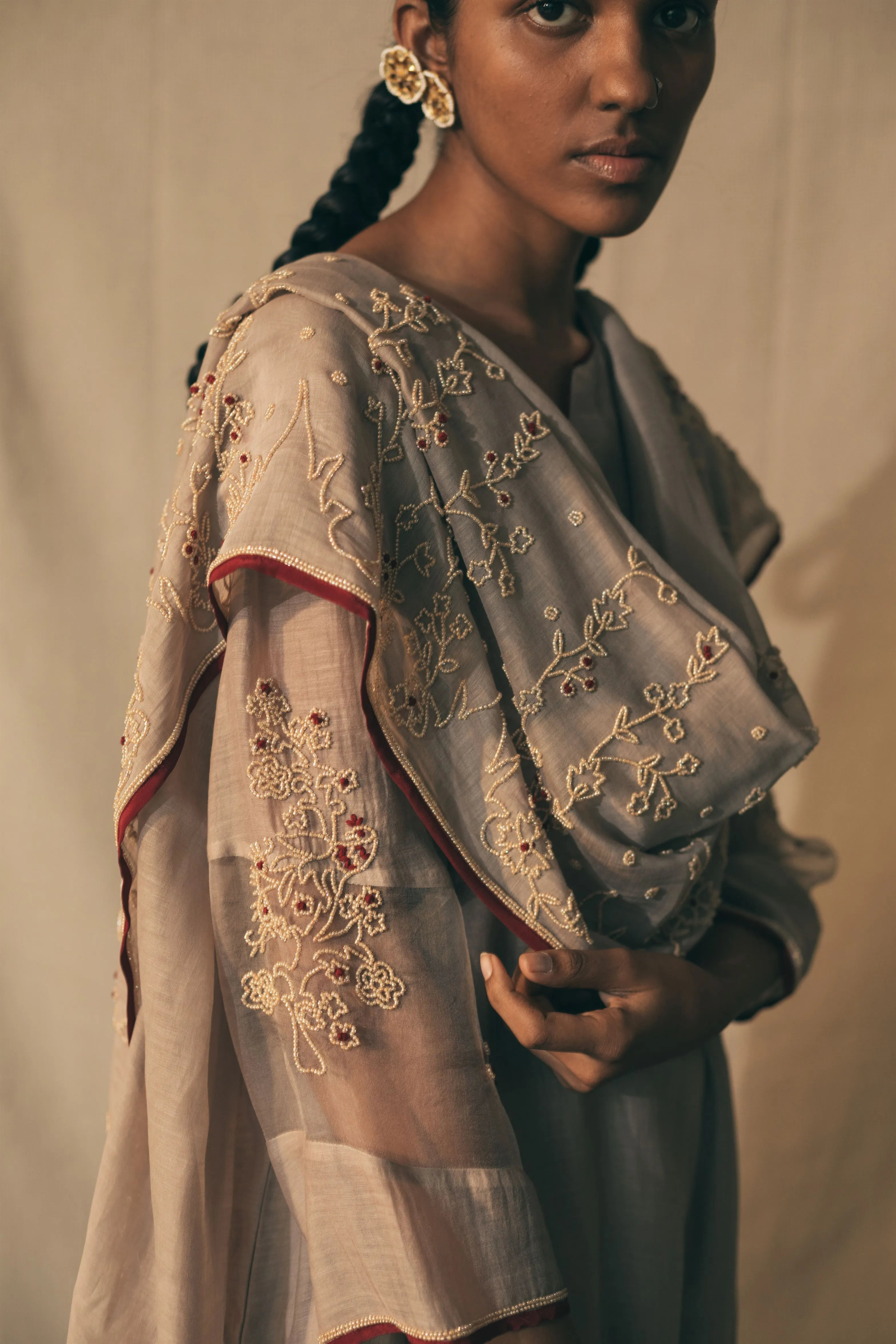 Sarang Kaur Bellwoods Pearls of Beige Dupatta Chanderi silk Ektaar SK01309