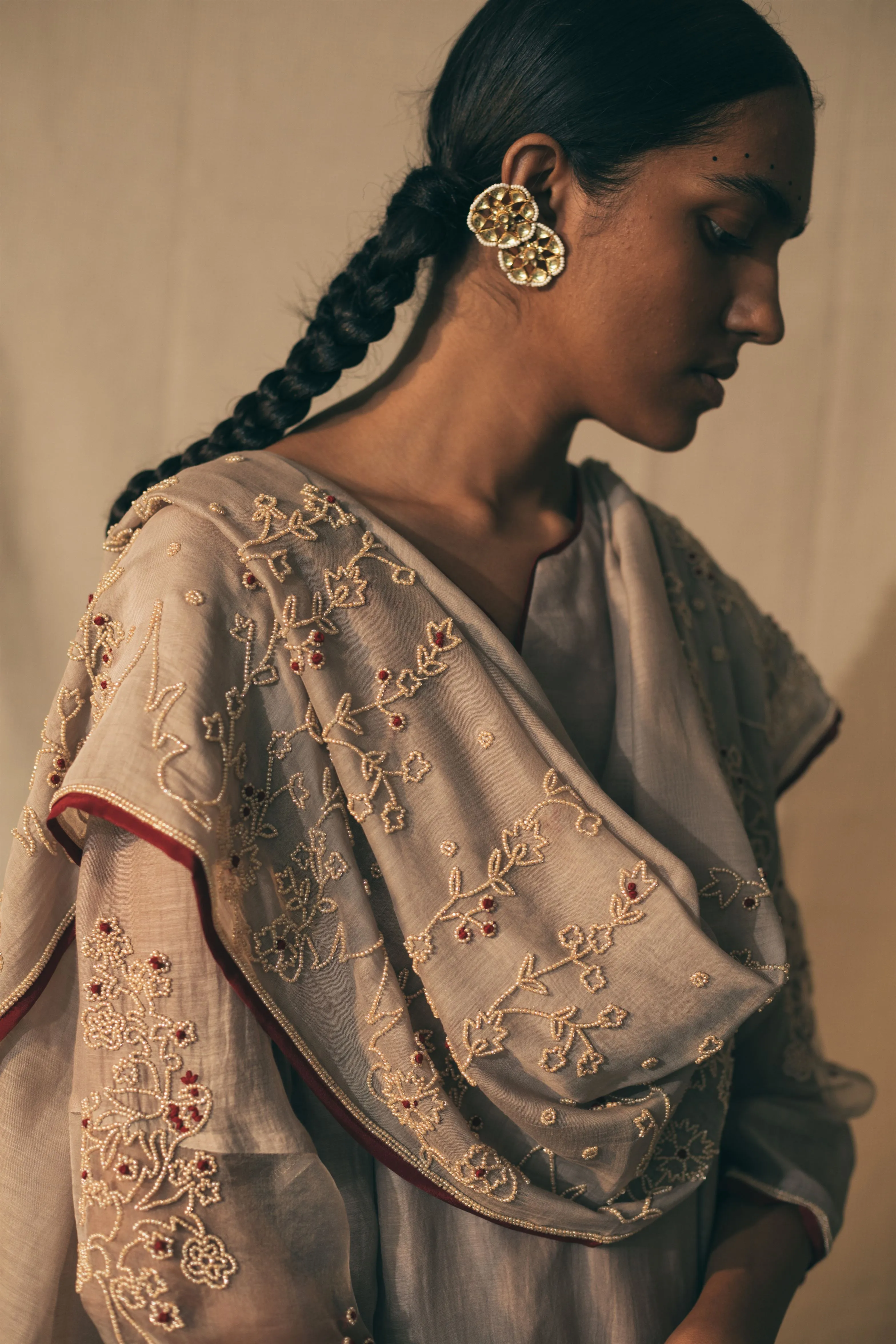 Sarang Kaur Bellwoods Pearls of Beige Dupatta Chanderi silk Ektaar SK01309