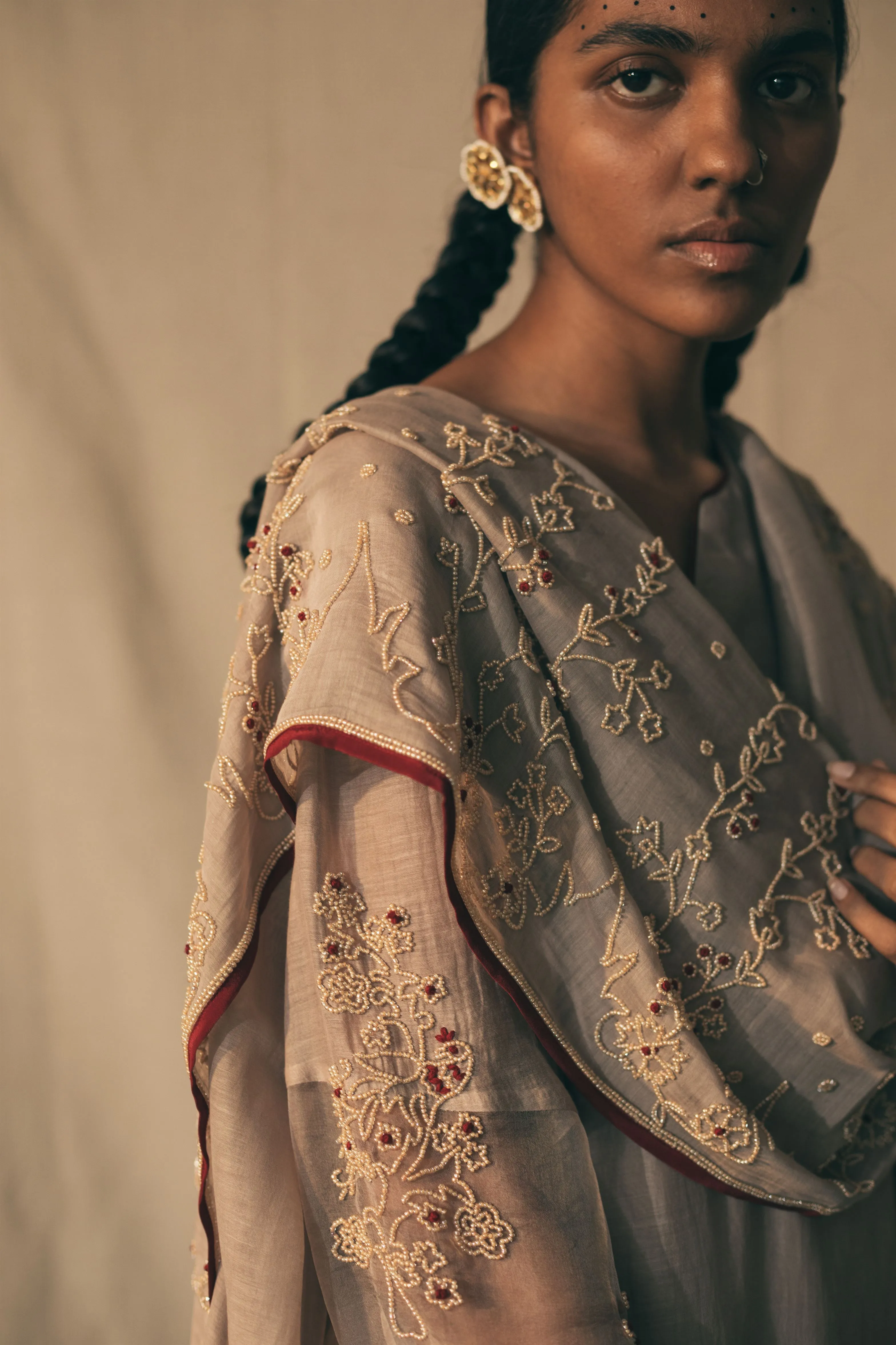 Sarang Kaur Bellwoods Pearls of Beige Dupatta Chanderi silk Ektaar SK01309