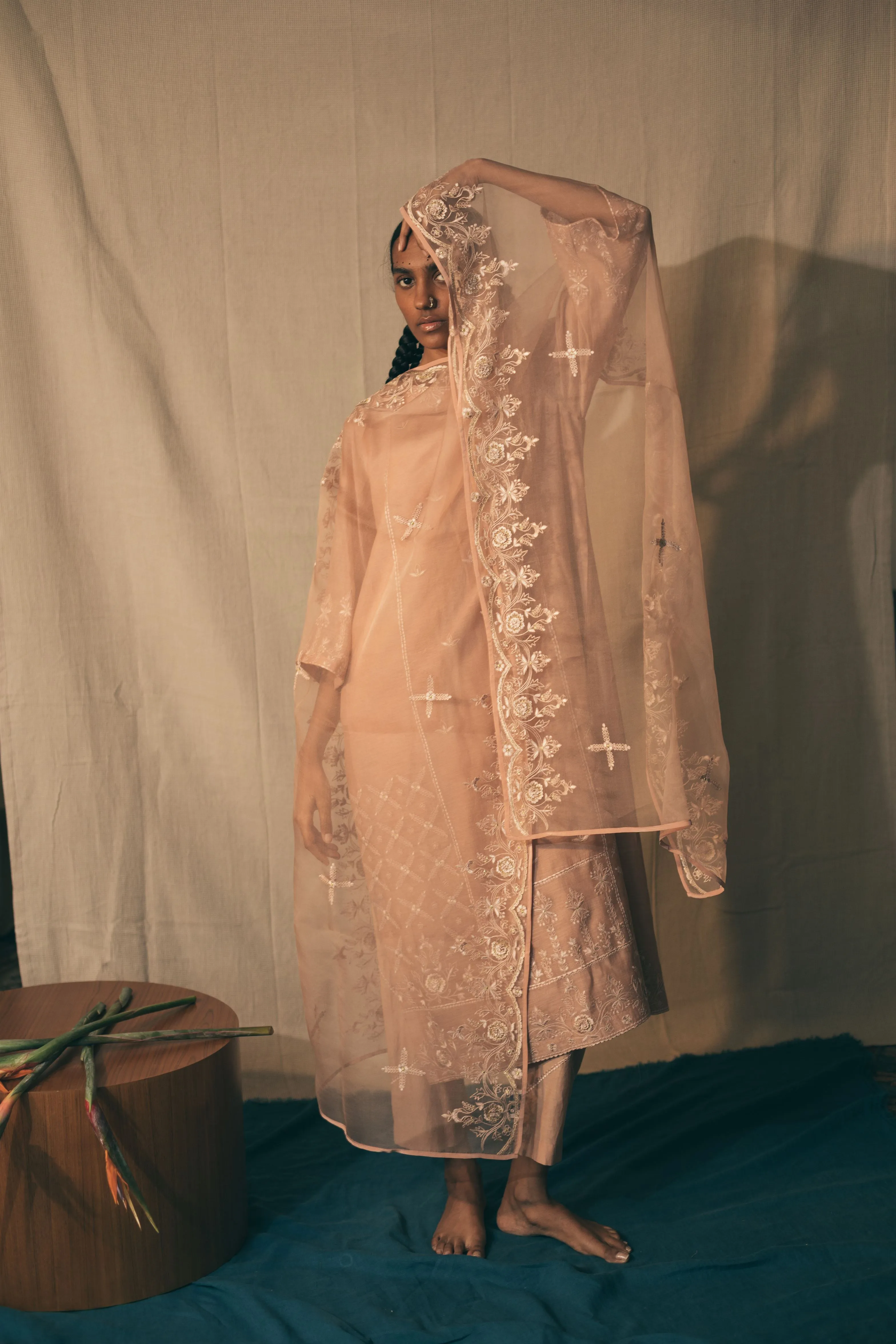 Sarang Kaur Roncy Salmon on Salmon Stole Organza silk Ektaar SK01306