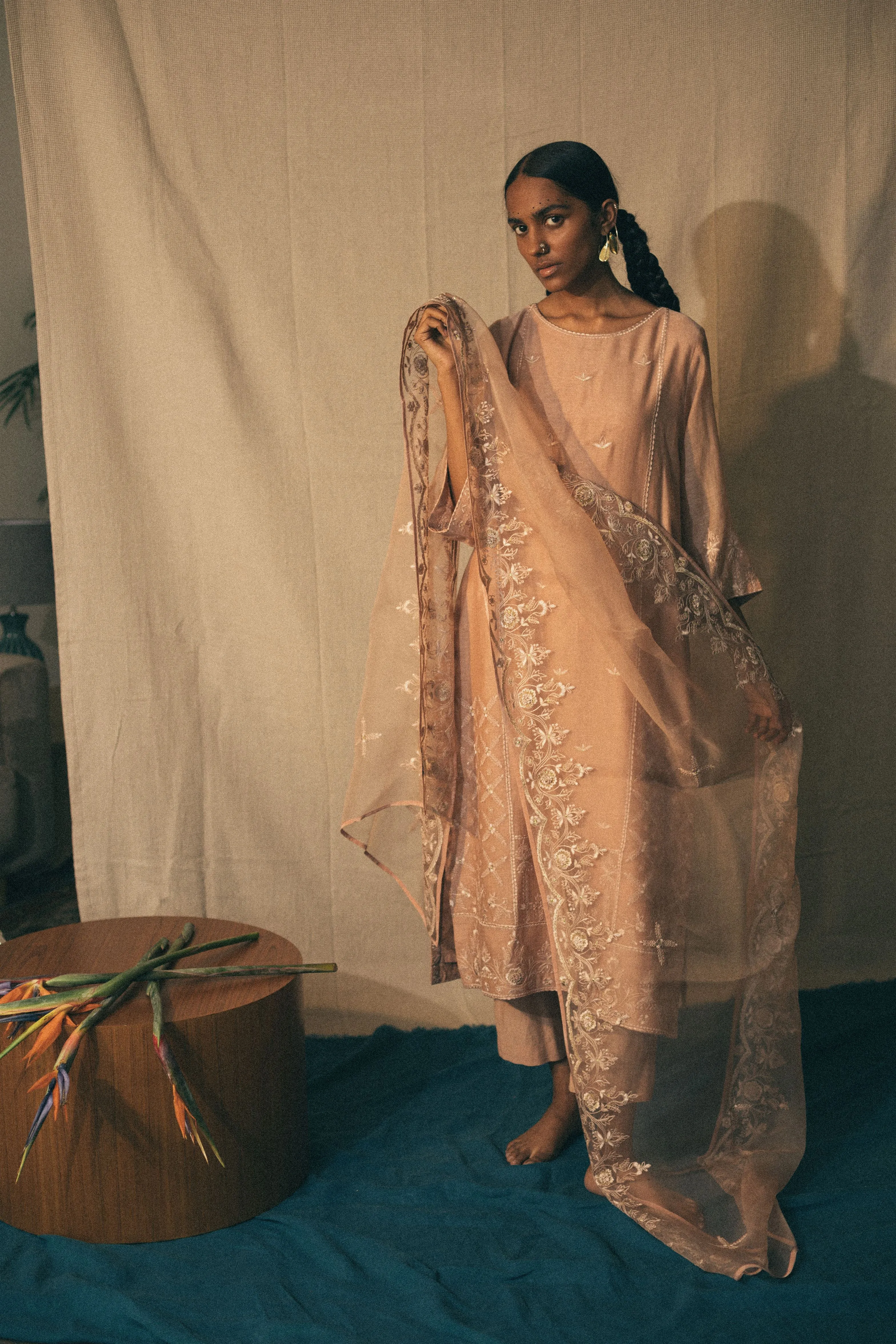 Sarang Kaur Roncy Salmon on Salmon Stole Organza silk Ektaar SK01306