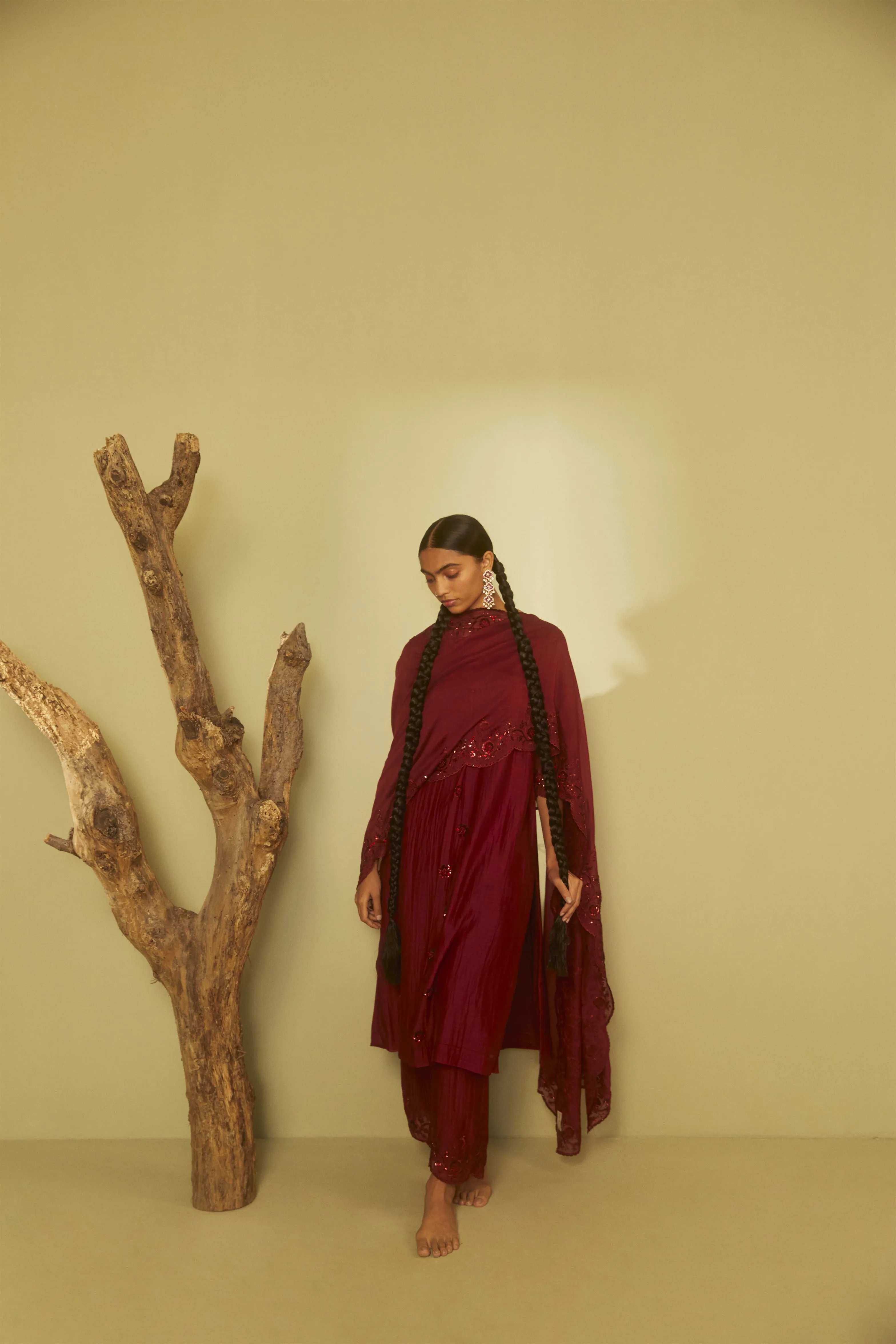 Sarang Kaur York Mills Maroon Sunshine Kurta Set Kurta Chanderi silk Pants Chanderi silk Jhoomar SK01295