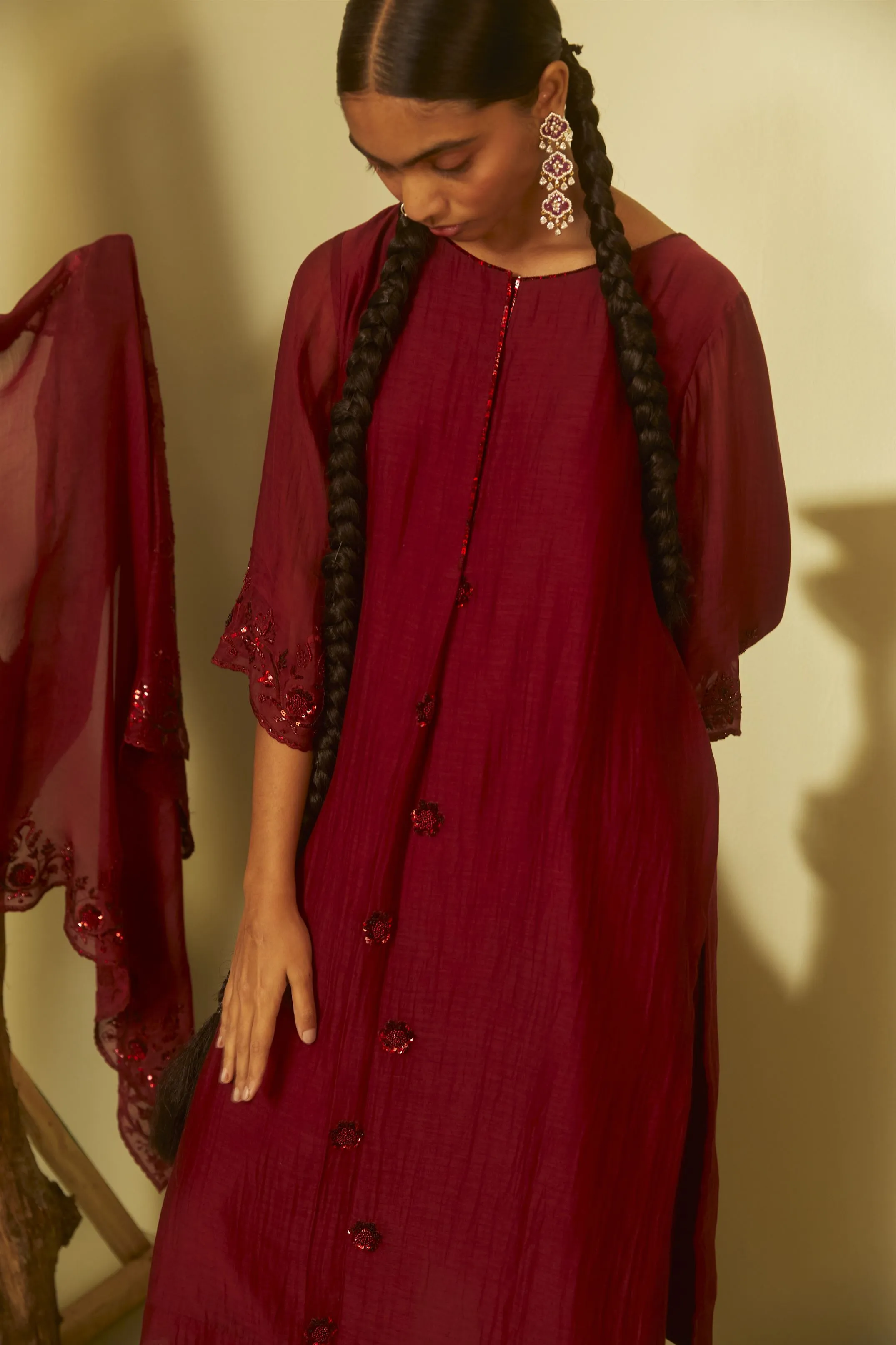 Sarang Kaur York Mills Maroon Sunshine Kurta Set Kurta Chanderi silk Pants Chanderi silk Jhoomar SK01295