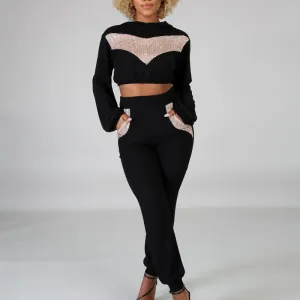 Sequin Patchwork Pocket Design Long Sleeve High Waist Pants Set