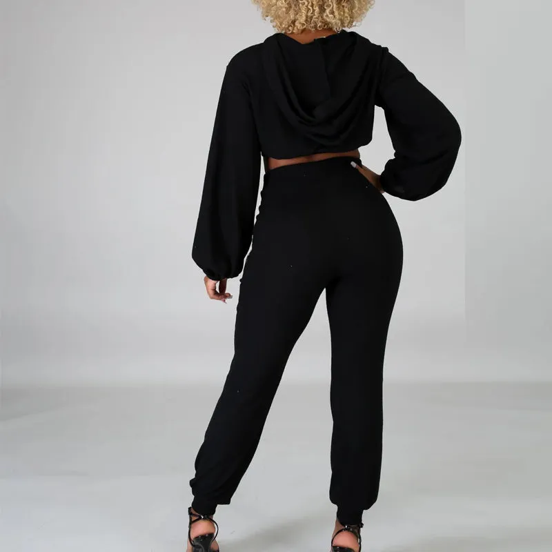 Sequin Patchwork Pocket Design Long Sleeve High Waist Pants Set