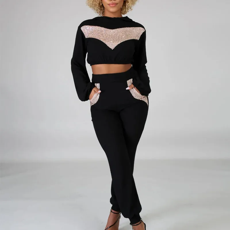 Sequin Patchwork Pocket Design Long Sleeve High Waist Pants Set